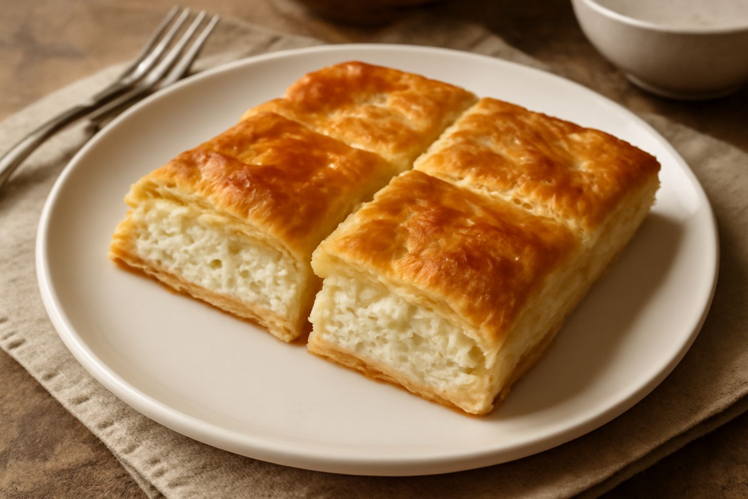 Formaggio in foglia appena sfornato, dorato in superficie, con strati visibili di ricotta bianca e pasta sfoglia croccante, servito in un piatto bianco con qualche foglia di prezzemolo fresco