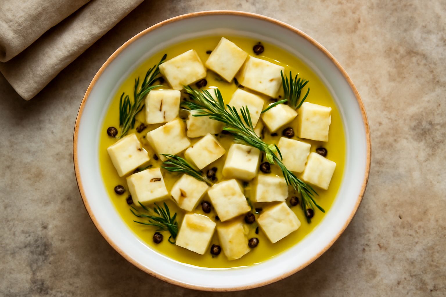 Vasetto di vetro trasparente con formaggio bianco tagliato a cubetti immerso in olio dorato, con rosmarino, peperoncino e aglio visibili intorno ai pezzi, su fondo neutro