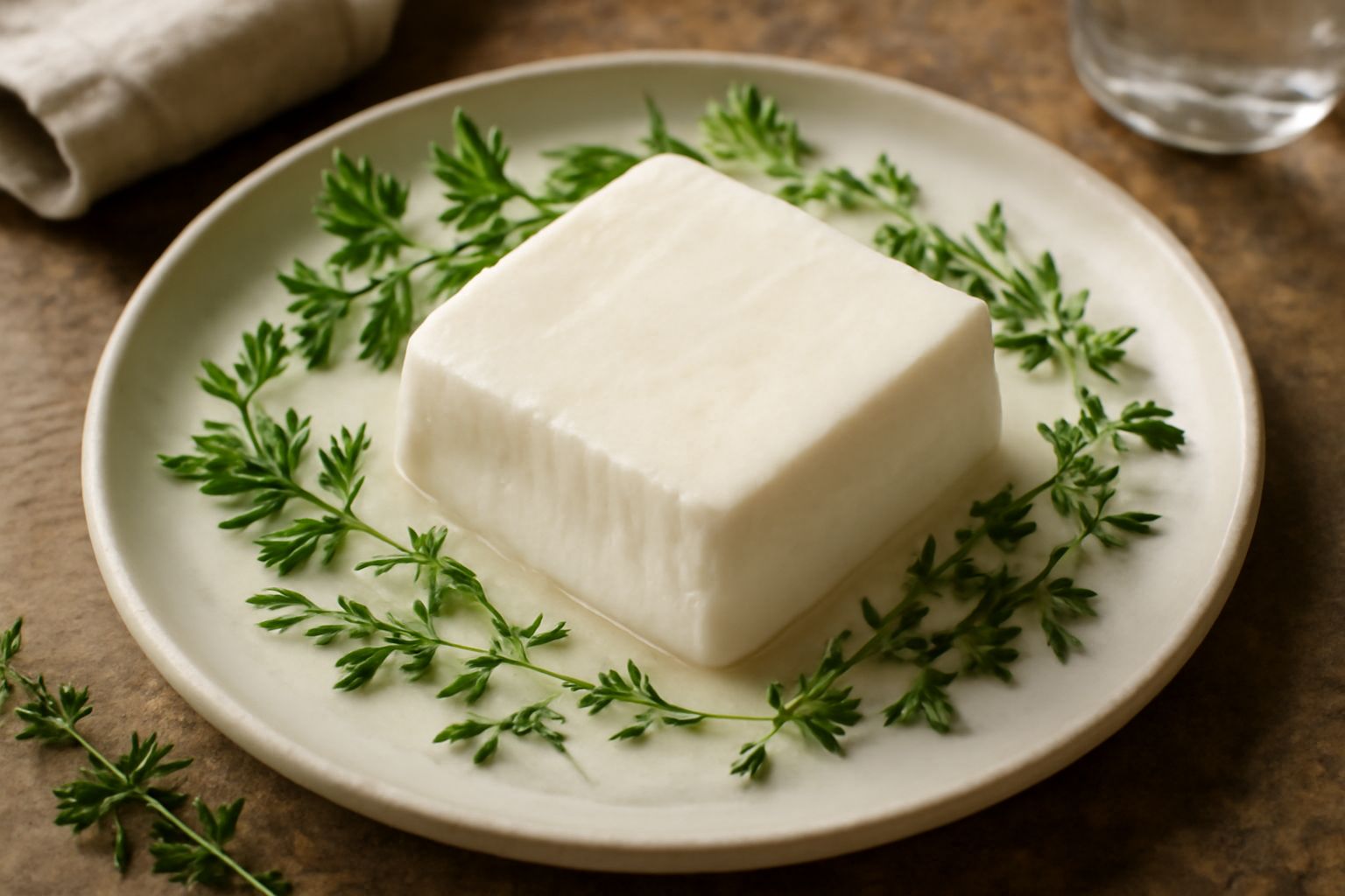 Formaggio bianco e cremoso in una ciotola di vetro piena di liquido trasparente salato, con erbe aromatiche fresche e fette di pane tostato accanto