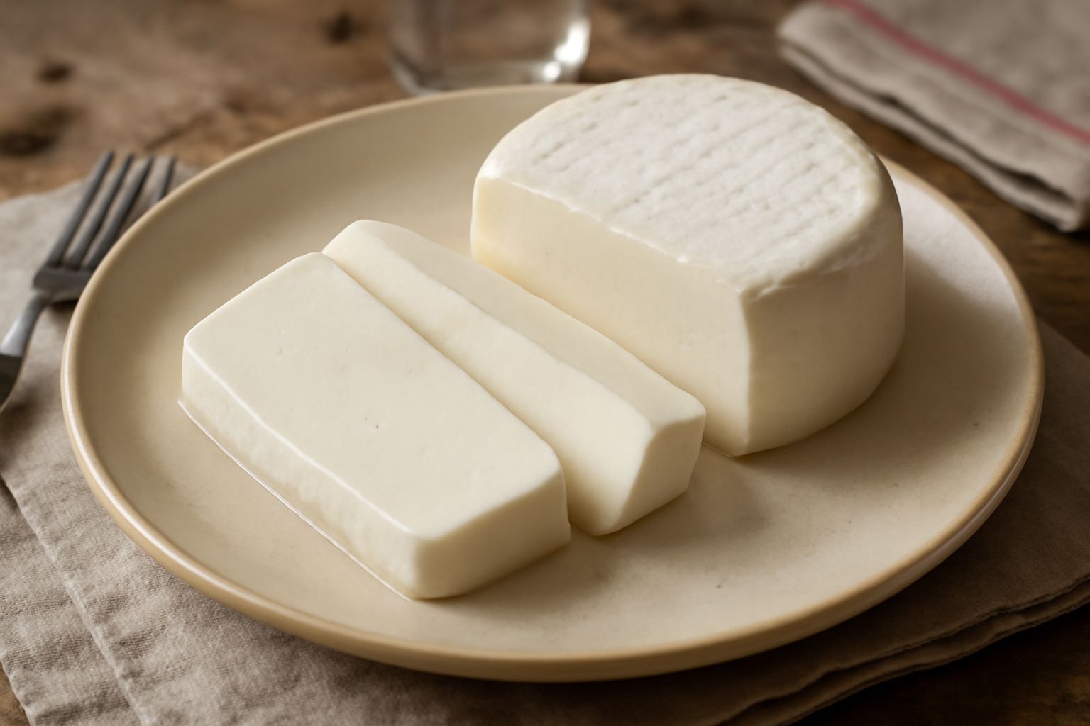 Formaggio Latteria bianco cremoso, tagliato a fette spesse, disposto su un piatto di ceramica grigia con accanto erba cipollina fresca e pane tostato