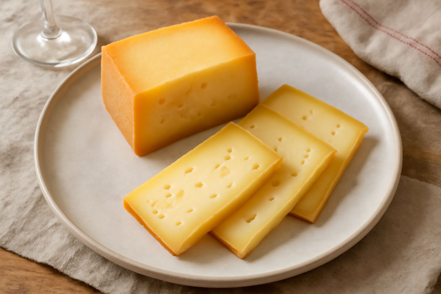 Formaggio Latteria friulano giallo paglierino tagliato a fette regolari su un tagliere di legno, con sfondo sfumato bianco e grigio