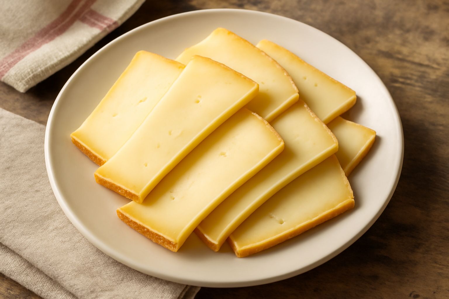 Fette sottili di formaggio Montasio color paglierino impilate su un piatto bianco con acini d'uva nera e pane tostato ai lati