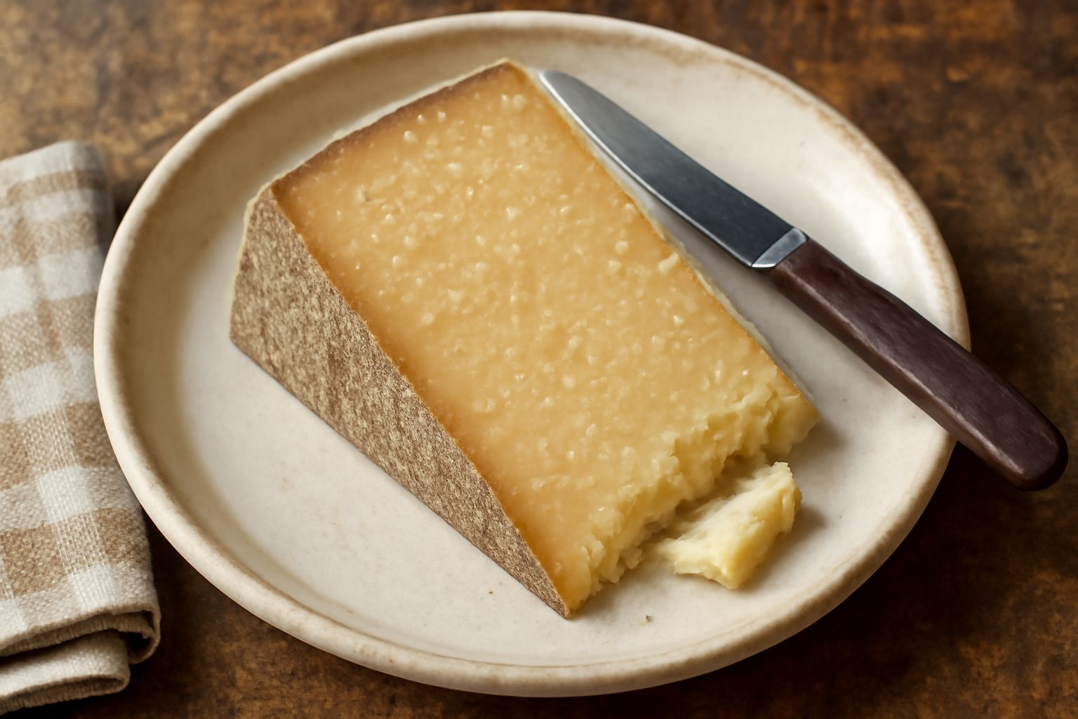 Montasio stagionato tagliato a piccoli pezzi su un tagliere di legno naturale, con colore giallo paglierino e cristalli visibili, accanto a una ciotola di miele di acacia