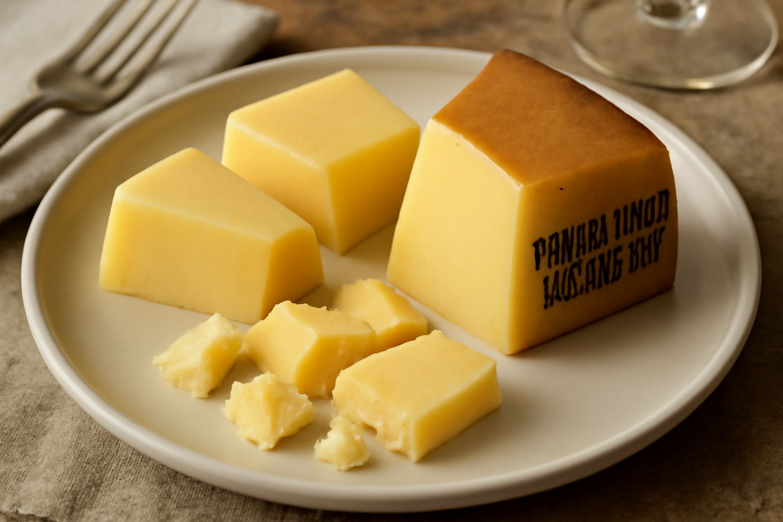 Fetta di Parmigiano Reggiano giovane color giallo paglierino servita su tavolo di legno, con superficie liscia e lucida, accanto a un coltello di acciaio e foglie di prezzemolo fresco