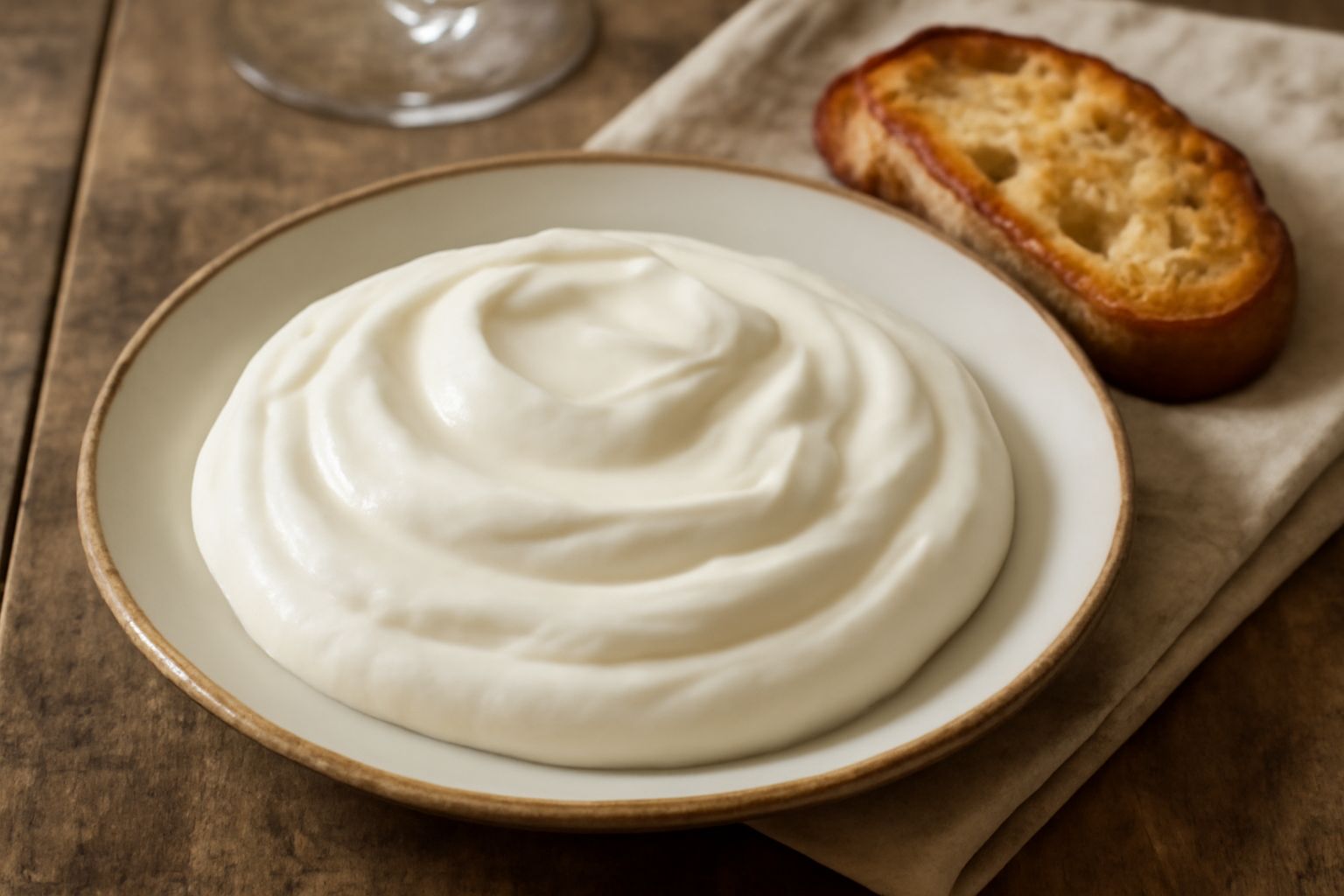 Pusterbutter cremoso di colore bianco avorio in una ciotola di ceramica, guarnito con erbe fresche, circondata da fette di pane integrale tostato e uno spartitoio di legno