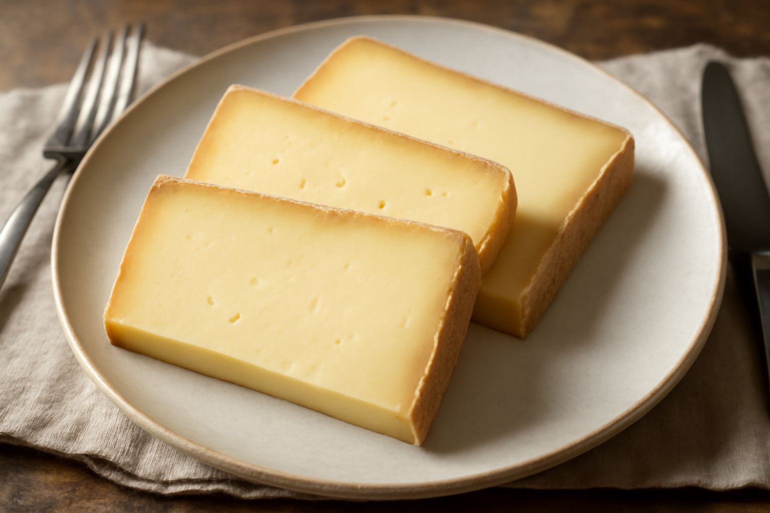 Formaggio Puzzone di Moena a fette su un tagliere di legno, con pasta cremosa di colore paglierino e crosta naturale beige, accompagnato da miele e pane casereccio
