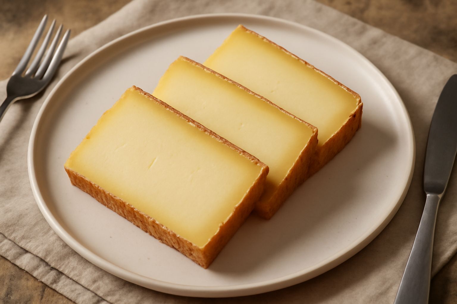 Formaggio Puzzone di Moena a fette su un tagliere di legno, con pasta cremosa di colore paglierino e crosta naturale beige, accompagnato da miele e pane casereccio