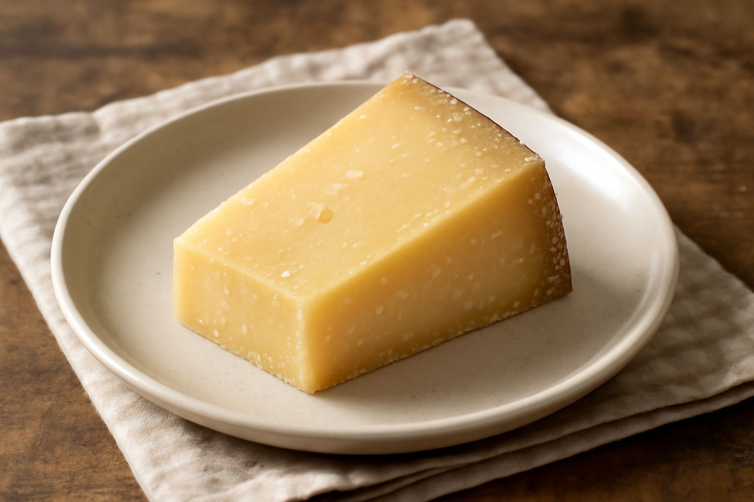 Fetta di formaggio stagionato giallo ambrato con occhielli, tagliato a cuneo, accanto a frutta secca e pane scuro su un tagliere di legno