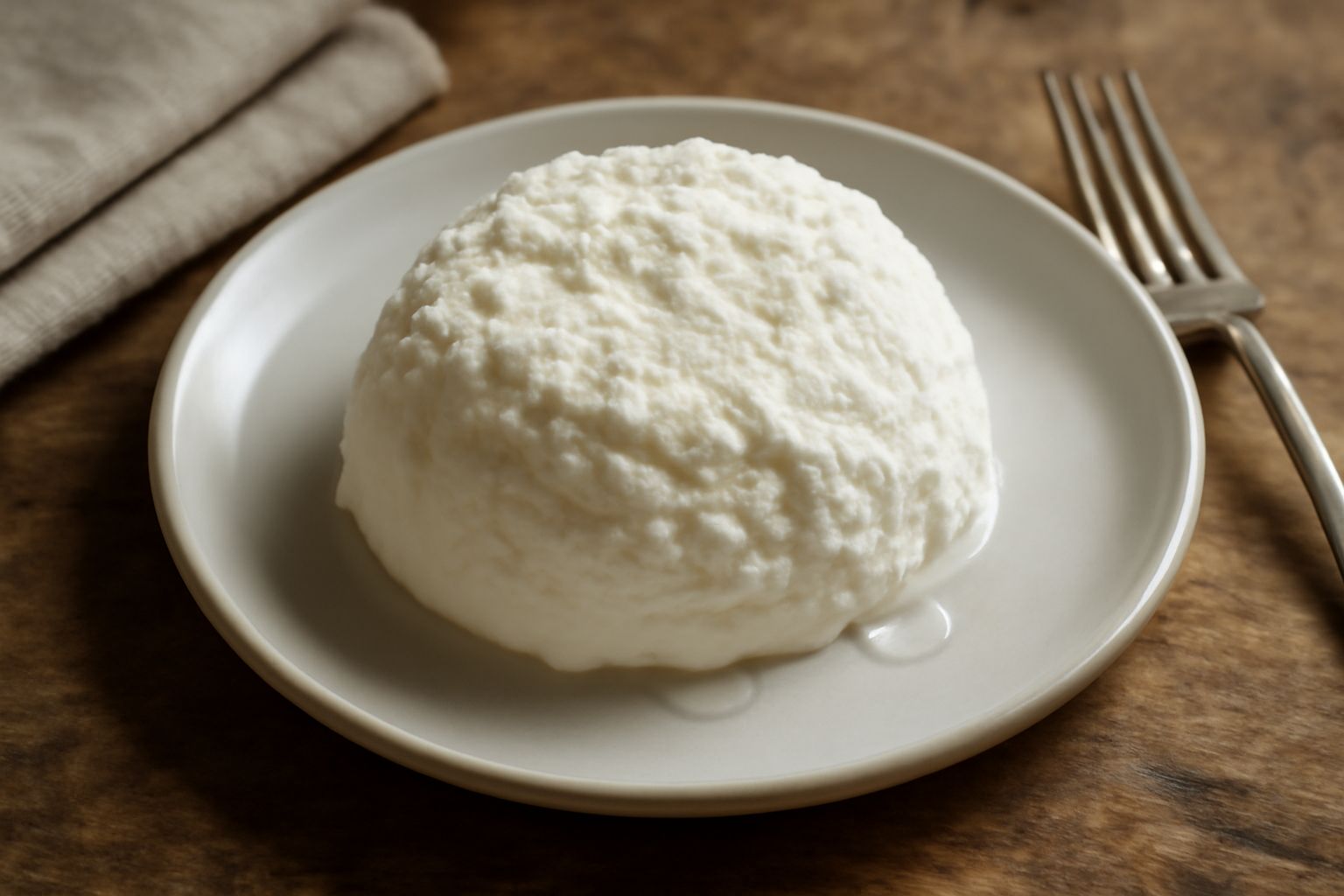 Formaggio vaccino fresco bianco cremoso appena tolto dalla garza, servito in una ciotola di ceramica con gocce di miele scuro e fragole rosse tagliate a metà, sfondo di legno chiaro
