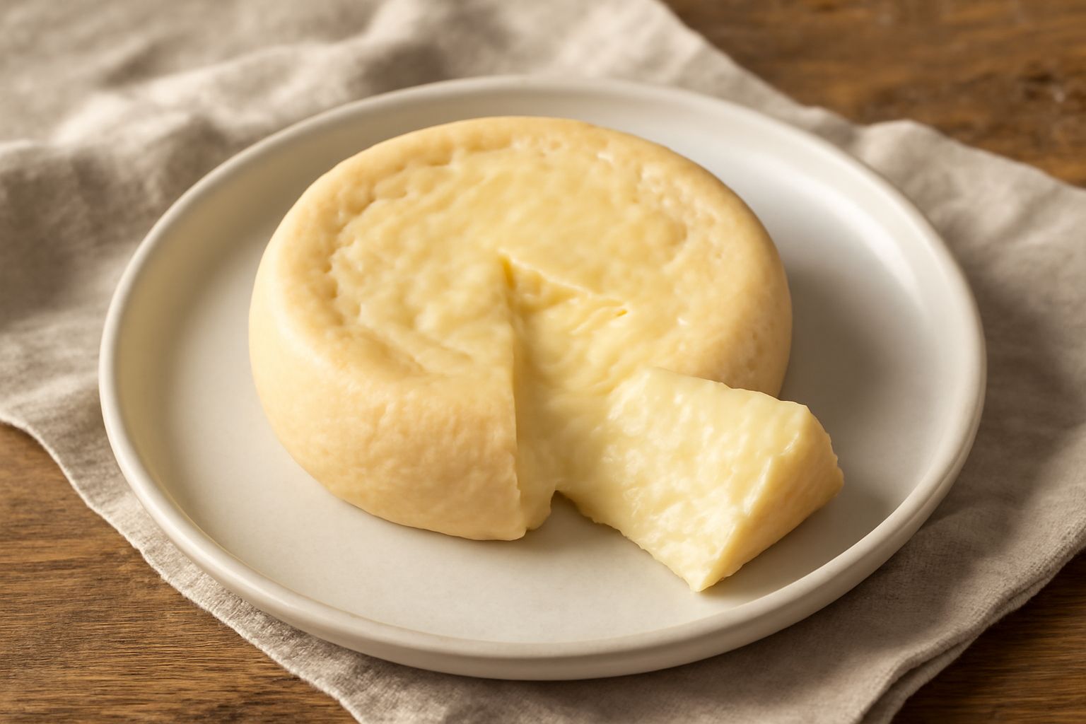 Formai da munt affettato su piatto bianco, forma tonda di formaggio cremoso beige con patina rugosa, accompagnato da fette di pane nero e una piccola porzione di miele, su tavolo di legno naturale