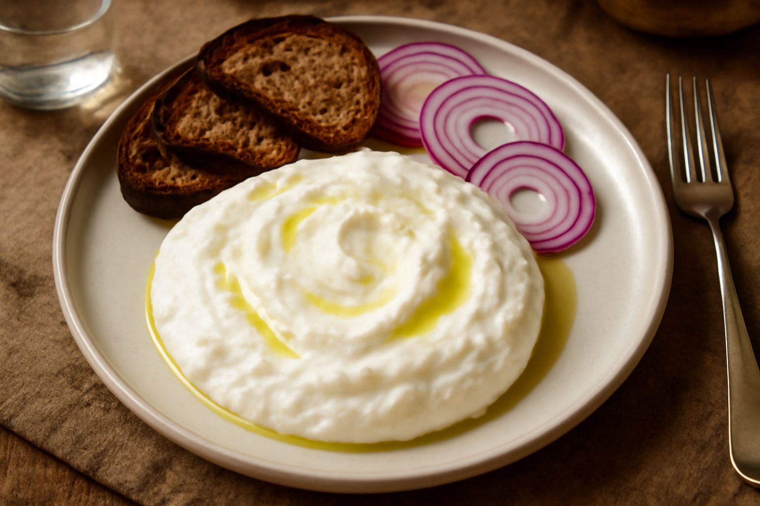 Formai di mut bianco crema in una ciotola di ceramica bianca, con superficie liscia e lucida, accompagnato da pane scuro tostato e un cucchiaio d'argento sul fondo