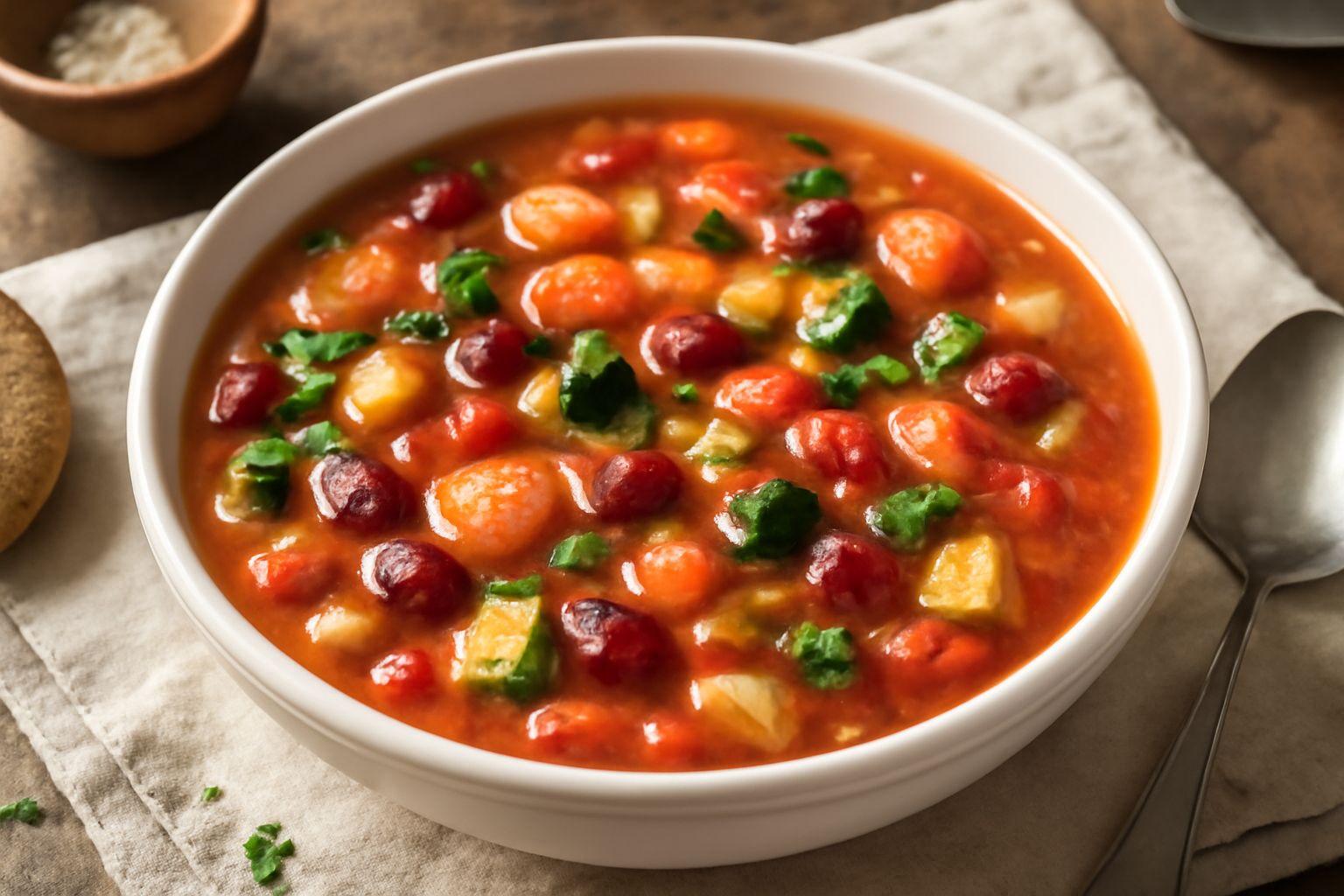 Una ciotola di zuppa Fortana con fagioli rossi, zucchine tagliate, carote e sedano in brodo trasparente, con filo d'olio d'oliva in superficie e basilico fresco