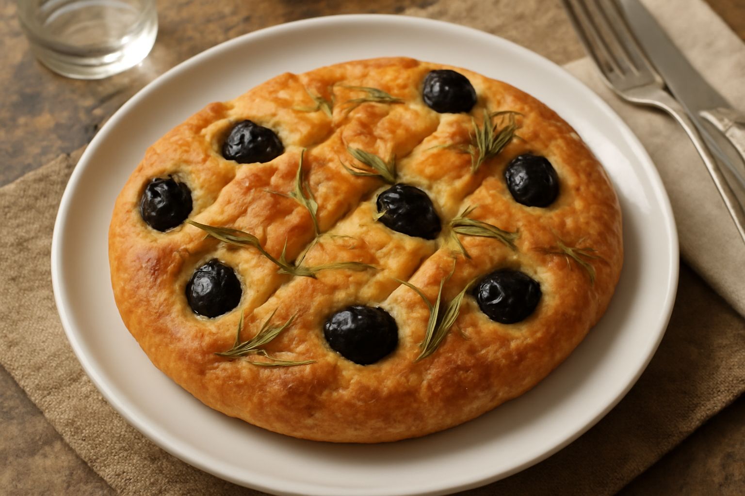 Fougassa appena sfornata, pane dorato con crepe sulla superficie, olive nere sparse visibili, rosmarino fresco in cima, su tavolo di legno con farina bianca intorno