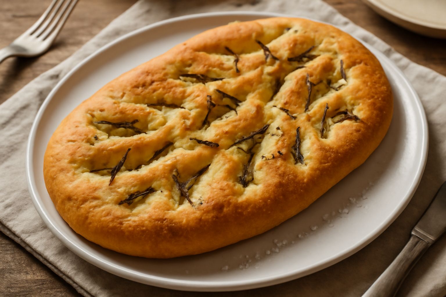 Fougassa cun rosmarinu appena sfornata, di forma ovale allungata, con incisioni decorative in superficie, croccante e dorata, cosparsa di rametti di rosmarino fresco e cristalli di sale grosso, su un 