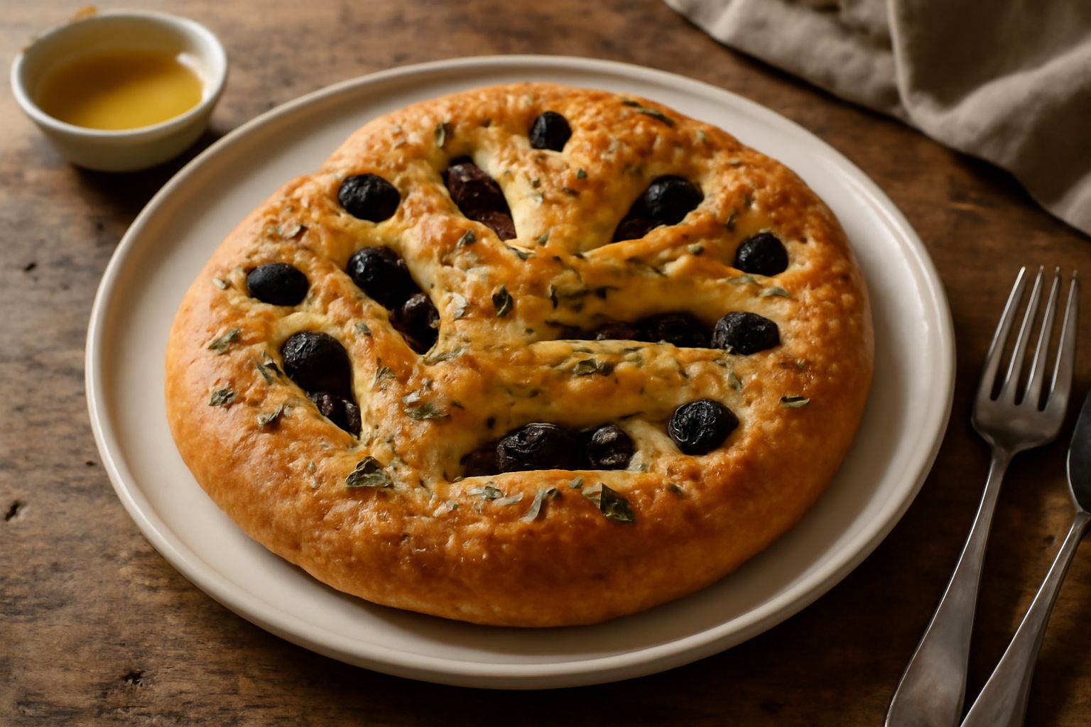 Fougasse provenzale dorata e croccante su tavolo di legno, con tagli decorativi a foglia, olive nere visibili sulla superficie, pane spezzato che mostra la mollica leggera