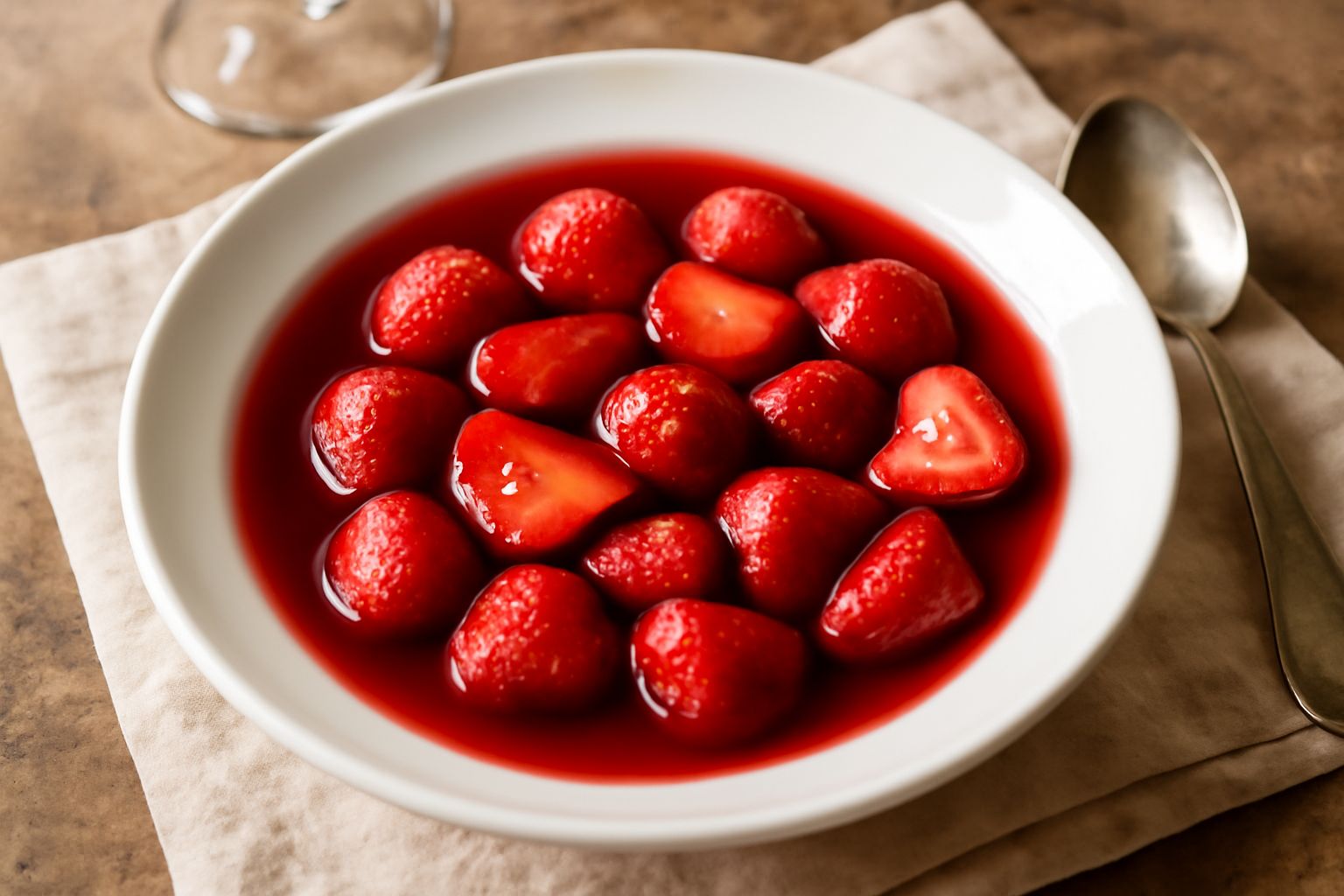 Ciotola di ceramica bianca con fragole rosse intere e tagliate in brodo di vino rosso profondo, foglia di menta verde, cucchiaio di legno, luce naturale su tavolo di legno