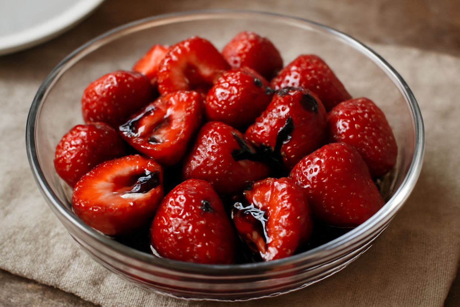 Fragole intere e tagliate a metà su un piatto bianco, coperte di gocce scure di aceto balsamico, con qualche foglia fresca di menta e zucchero cristallizzato ai bordi