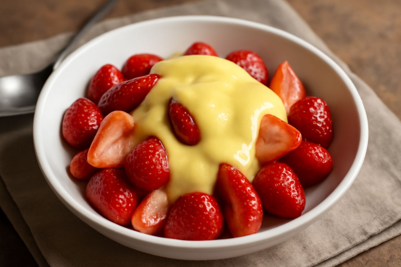 Ciotola di porcellana bianca con fragole rosse intere e dimezzate, ricoperte da crema giallo pallido cremosa e liscia, con qualche foglia di menta fresca e polvere di zucchero sui bordi