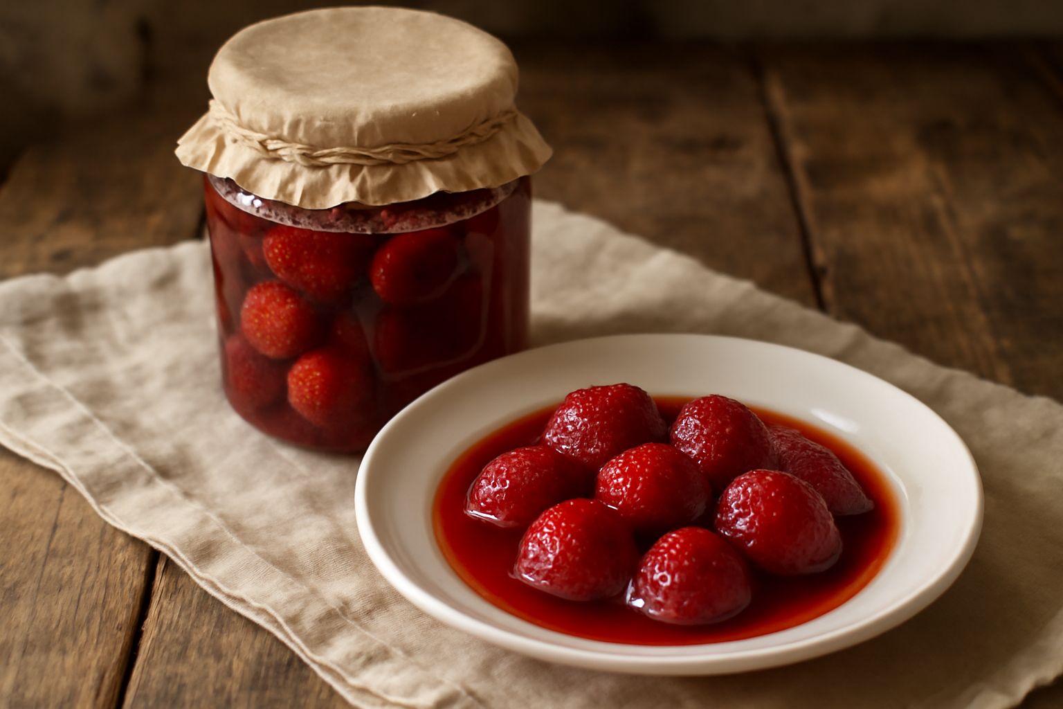 Barattolo di vetro con fragole rosso brillante immerse in sciroppo trasparente, coperto con foglia di menta fresca, su un tavolo di legno chiaro con fragole fresche sparse intorno