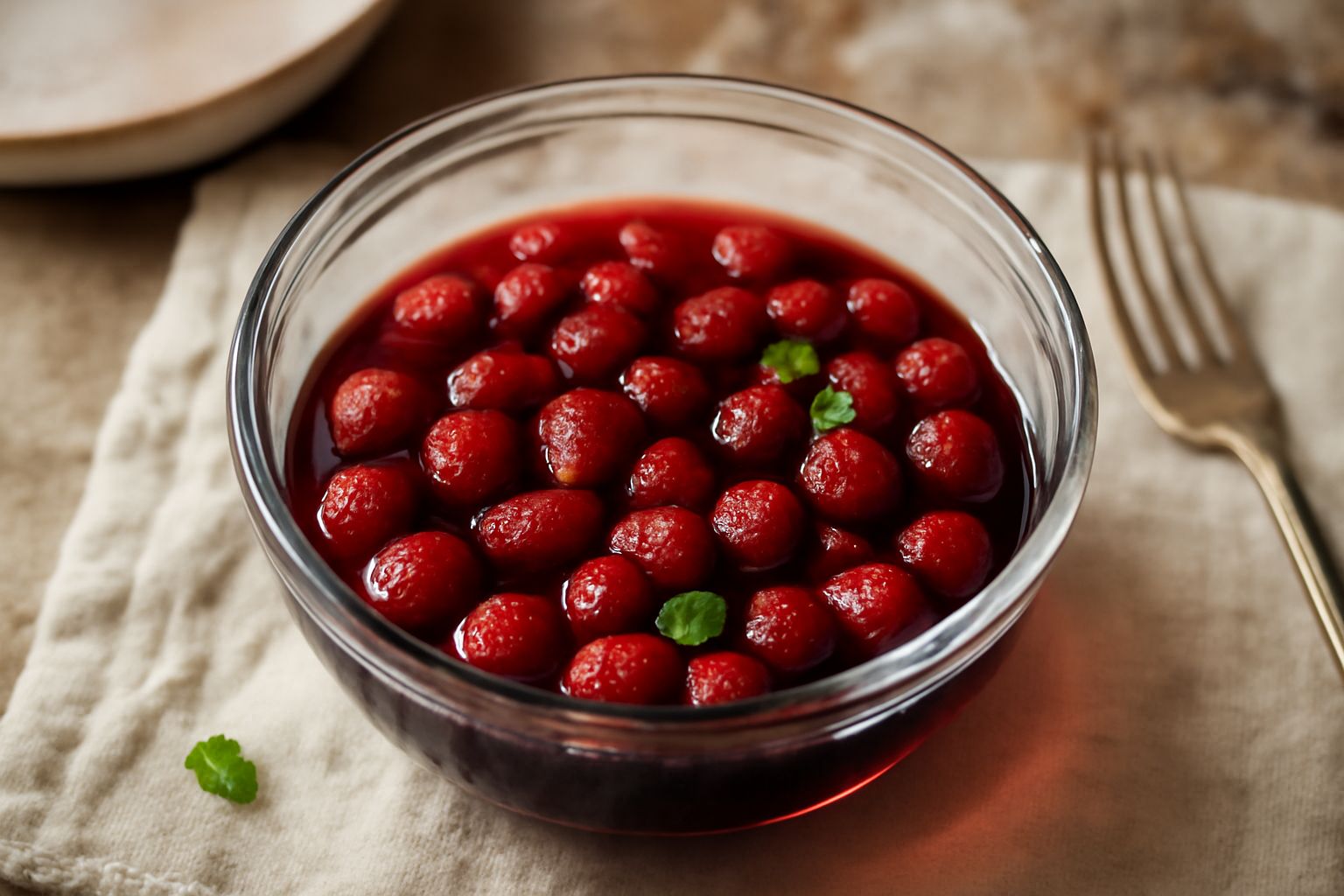 Fragole di bosco rosse scure marinate in vino rosso dentro una ciotola di vetro trasparente, con foglie di menta verde fresca accanto e qualche goccia di vino visibile sul fondo