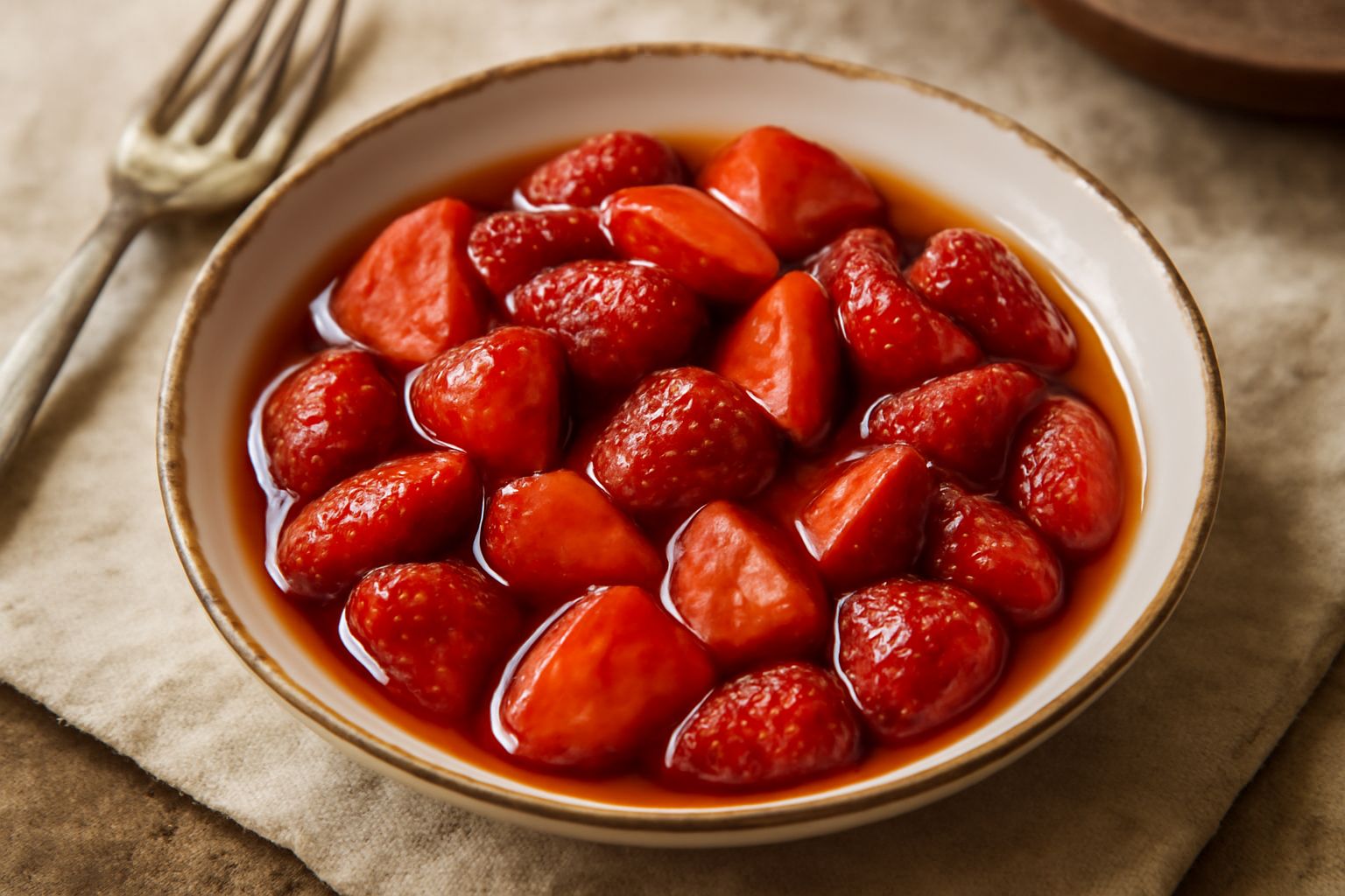 Fragole rosse tagliate a metà in una ciotola trasparente con sciroppo denso e lucido, guarnite con foglioline di menta verde, su sfondo bianco con cucchiaio di legno accanto