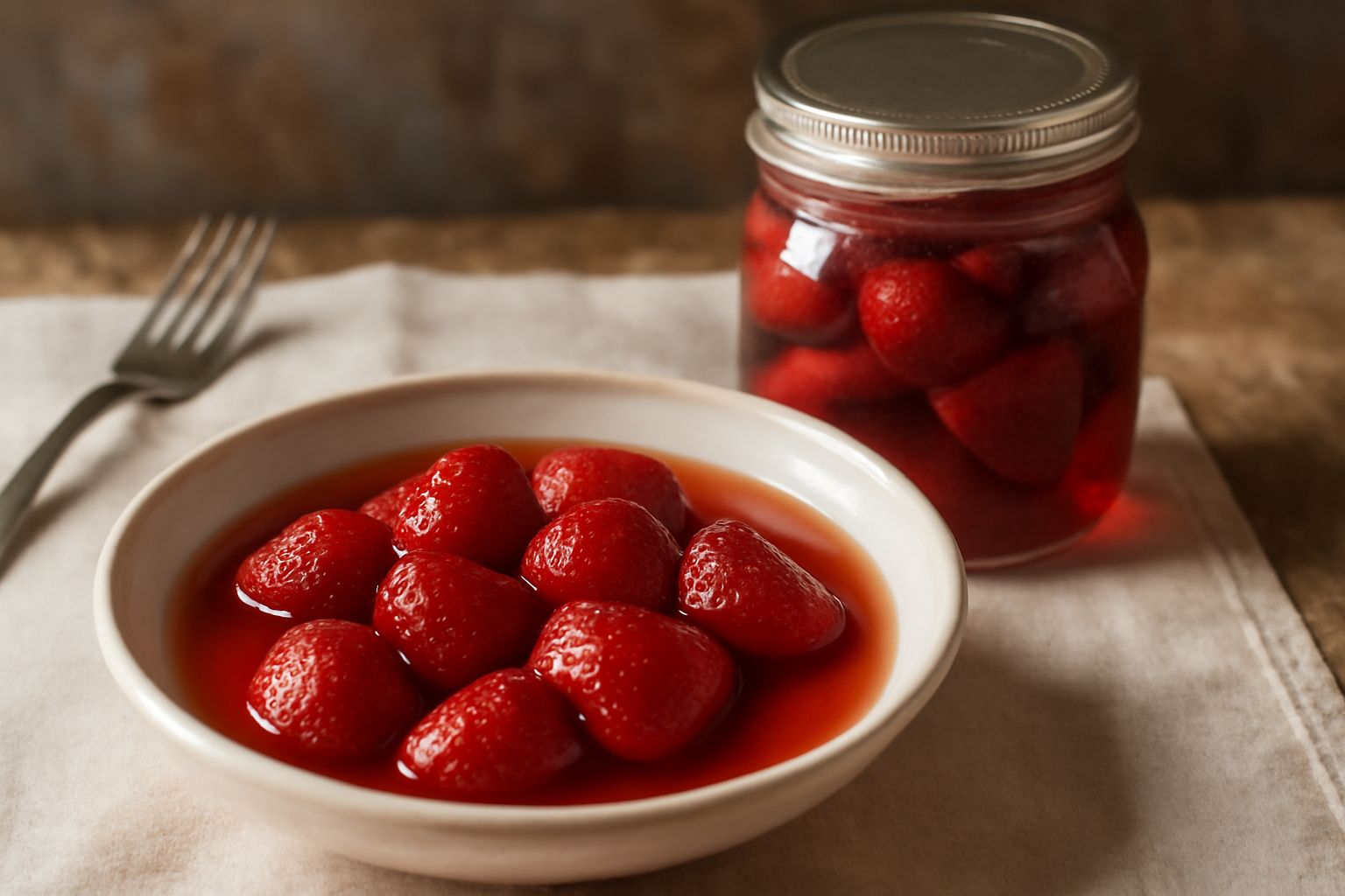 Barattolo di vetro con fragole rosse intere immerse in sciroppo trasparente, chiuso con coperchio bianco, su un piano di marmo bianco accanto a fragole fresche e una bottiglia di succo di limone