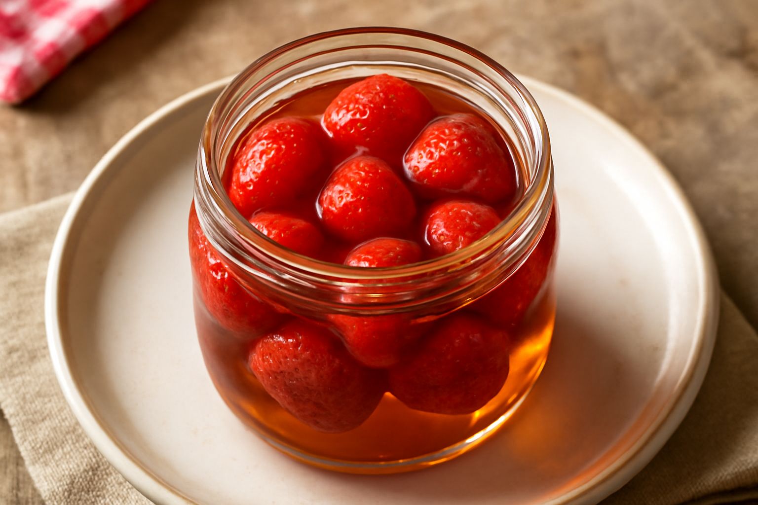 Barattolo di vetro trasparente pieno di fragole rosse immerse in sciroppo trasparente e brillante, con qualche fragola adagiata accanto al barattolo su un piano bianco