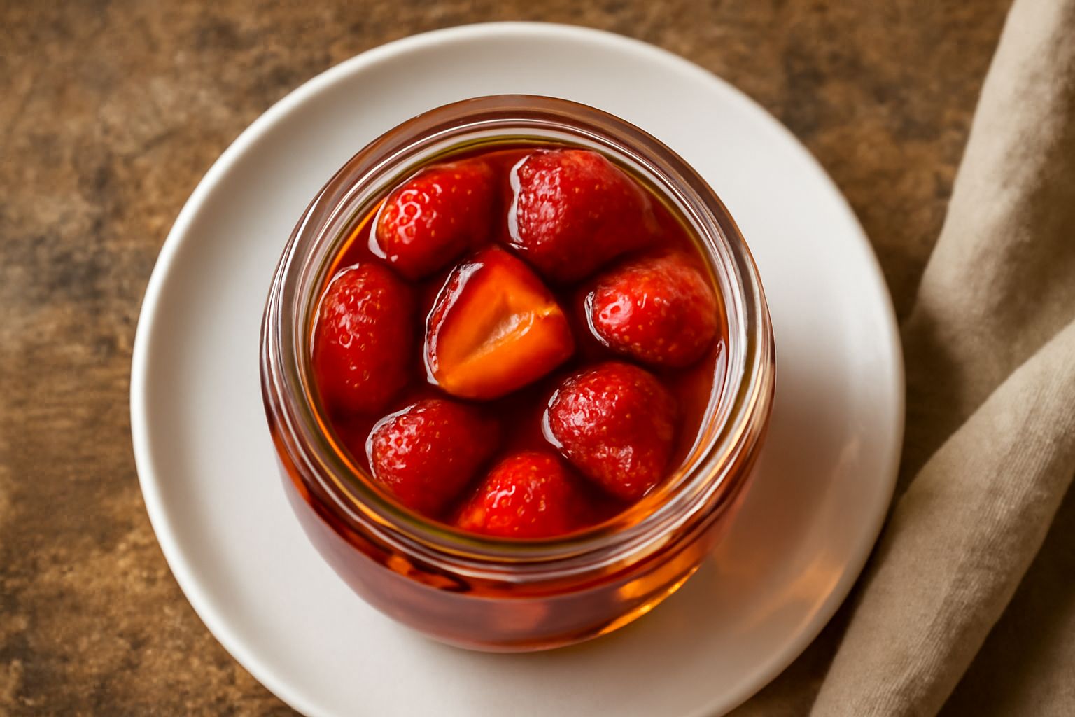 Barattolo di vetro con fragole intere rosse immerse in sciroppo trasparente, chiuso con coperchio, accanto a due fragole fresche e qualche foglia verde su superficie bianca