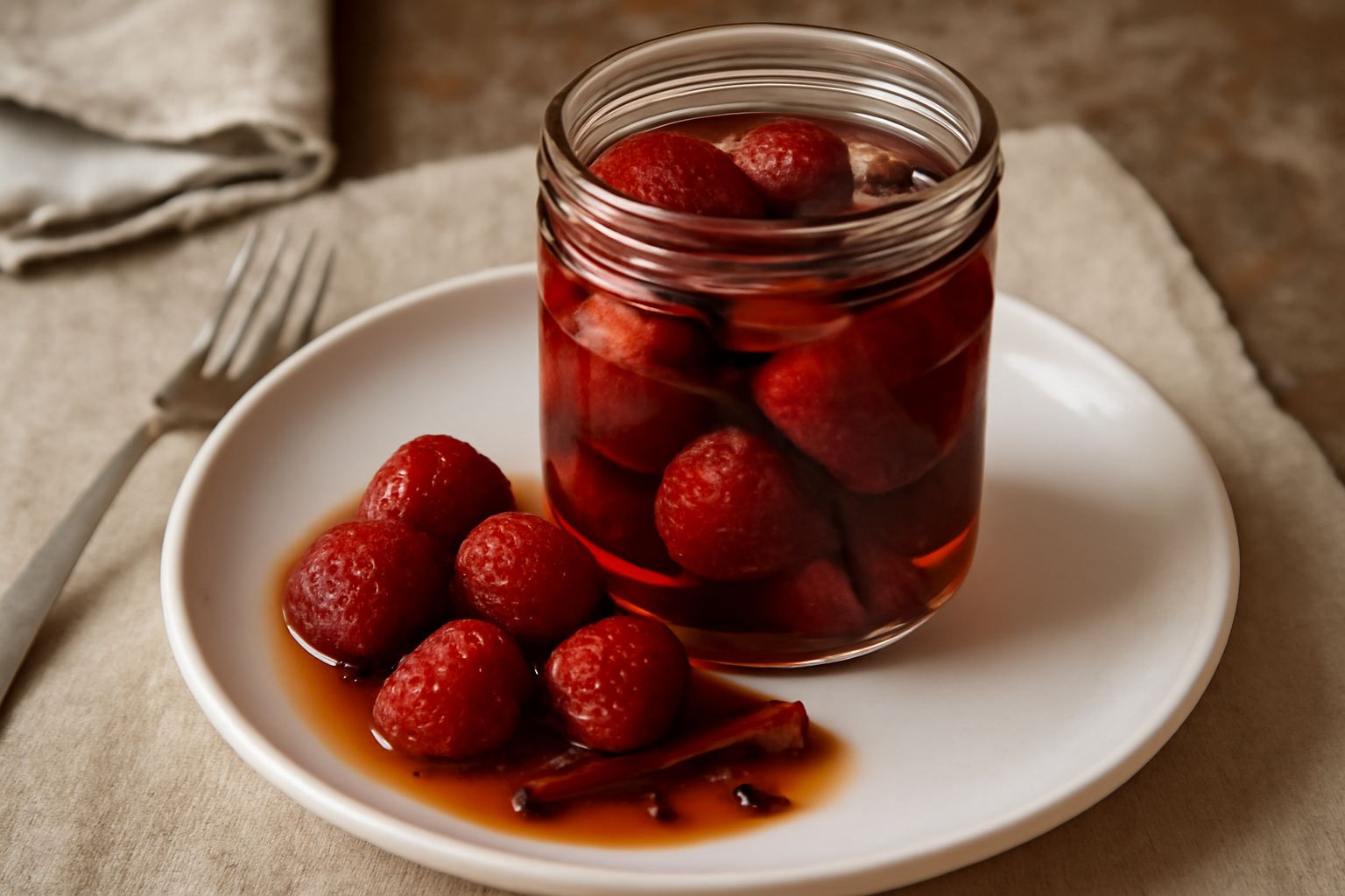 Barattolo di vetro con fragole intere rosso vivo immerse in liquido trasparente ambrato, con chiodi di garofano e stecca di cannella visibili, su fondo di legno chiaro