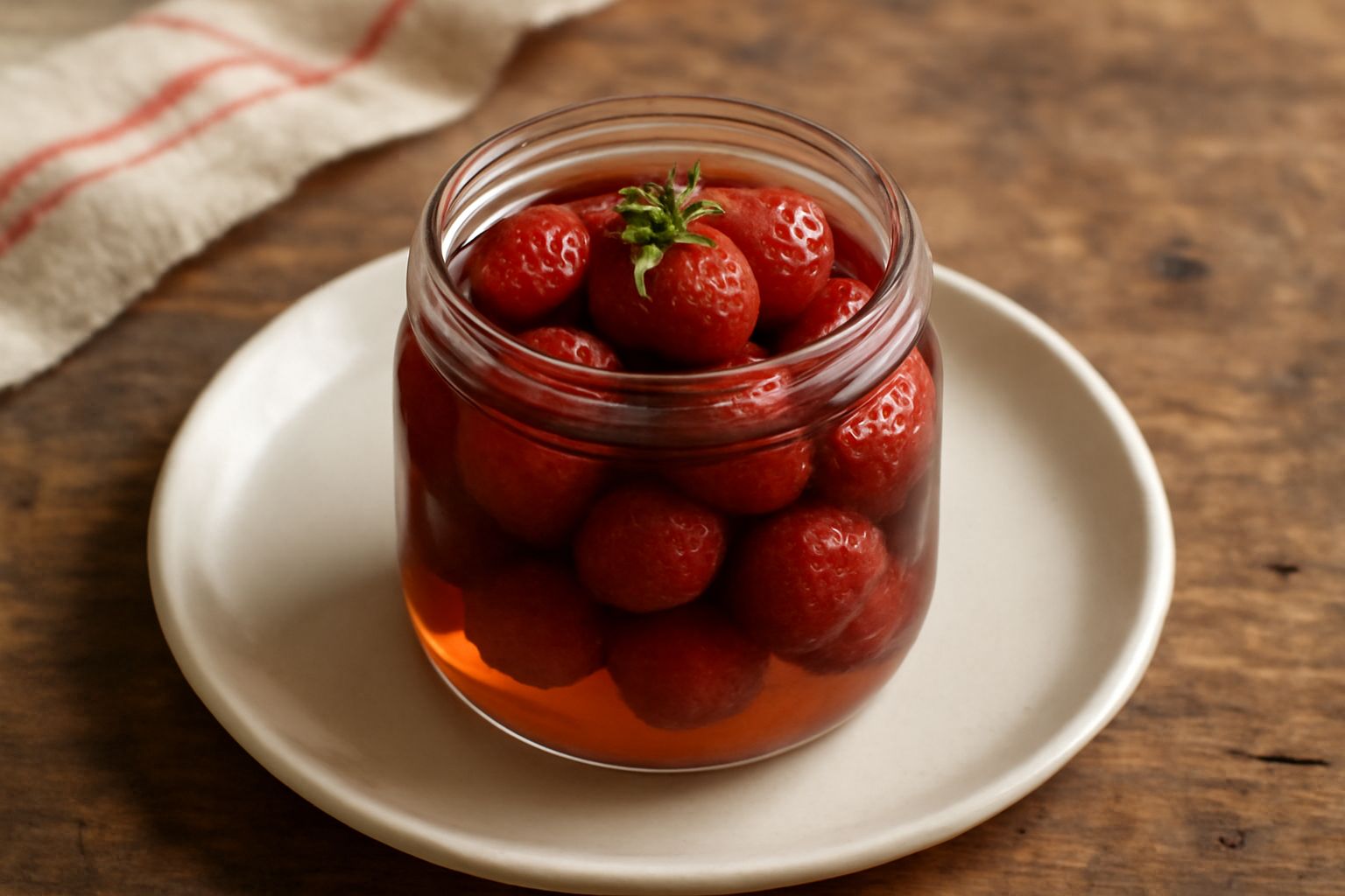 Barattolo di vetro con fragole rosse intere immerse in sciroppo trasparente, coperte da un coperchio ermetico, con sfondo bianco e una fragola intera accanto al barattolo