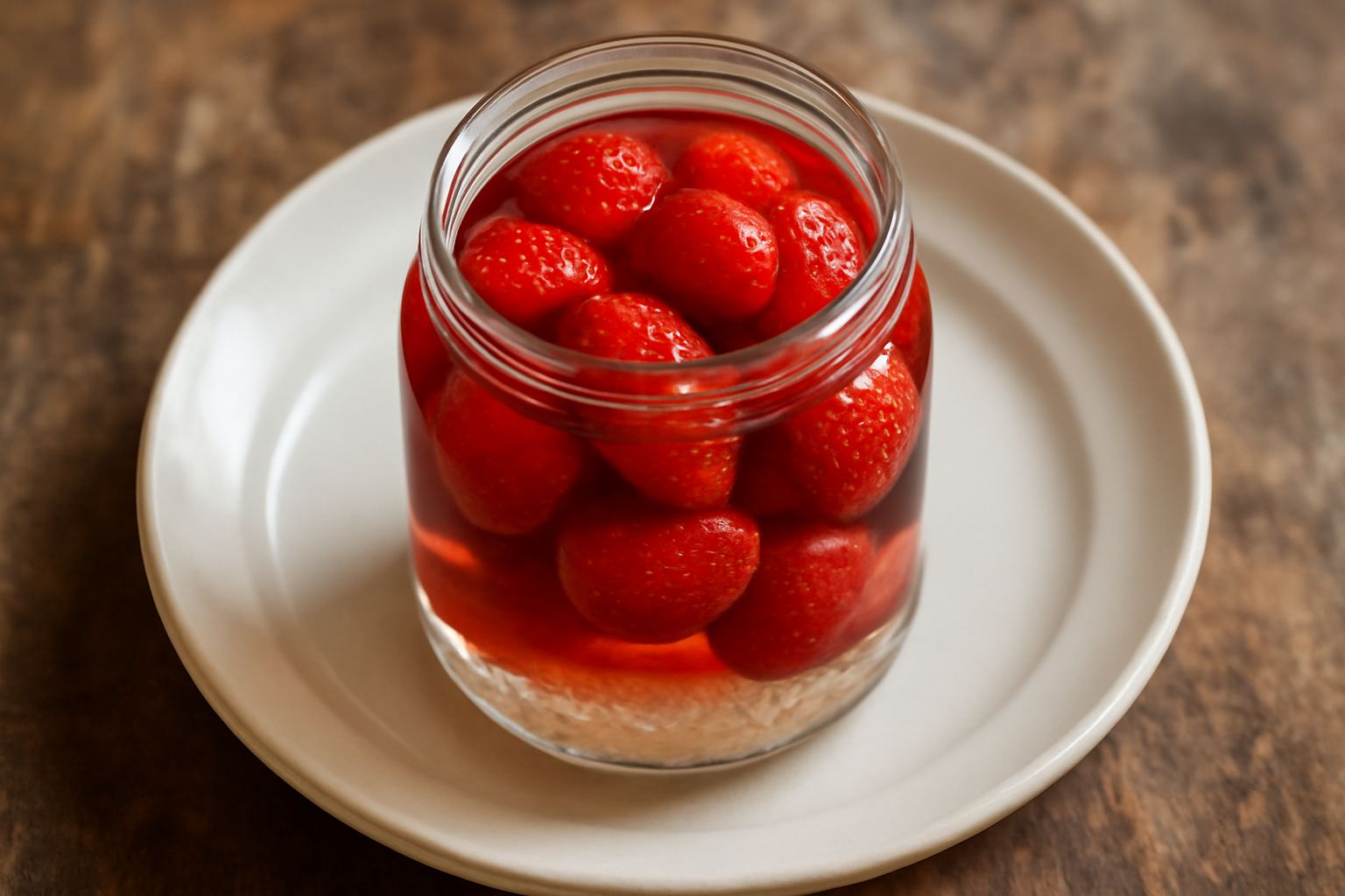 Vasetto di vetro con fragole rosse intere immerse in liquido trasparente, etichetta con data, sfondo bianco con un cucchiaio di legno accanto