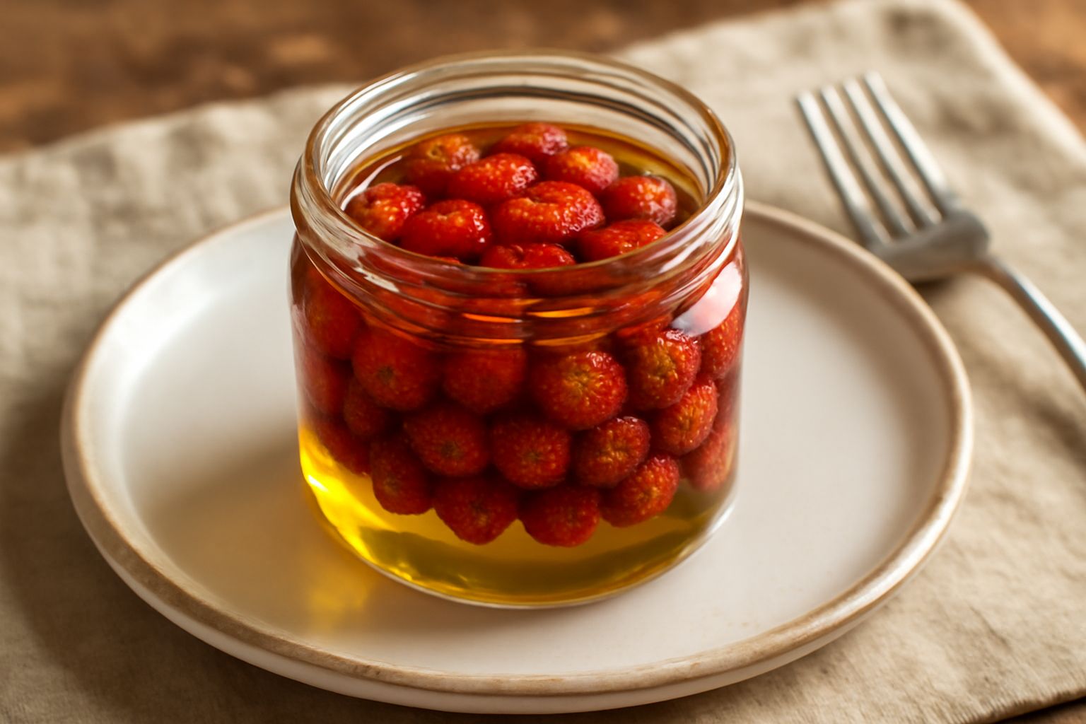 Barattolo di vetro trasparente con fragoline di bosco rosse intere immerse in olio dorato, chiuso ermeticamente, su fondo bianco con una fragolina di bosco fresca accanto