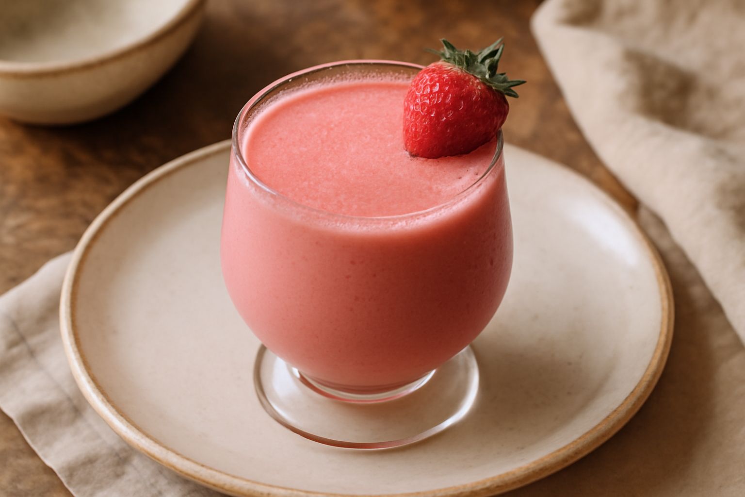 Un bicchiere di vetro trasparente contiene fragolino rosa cremoso, guarnito con una fragola intera fresca sulla sponda del bicchiere, con due cannucce a righe; sullo sfondo un piatto con altre fragole