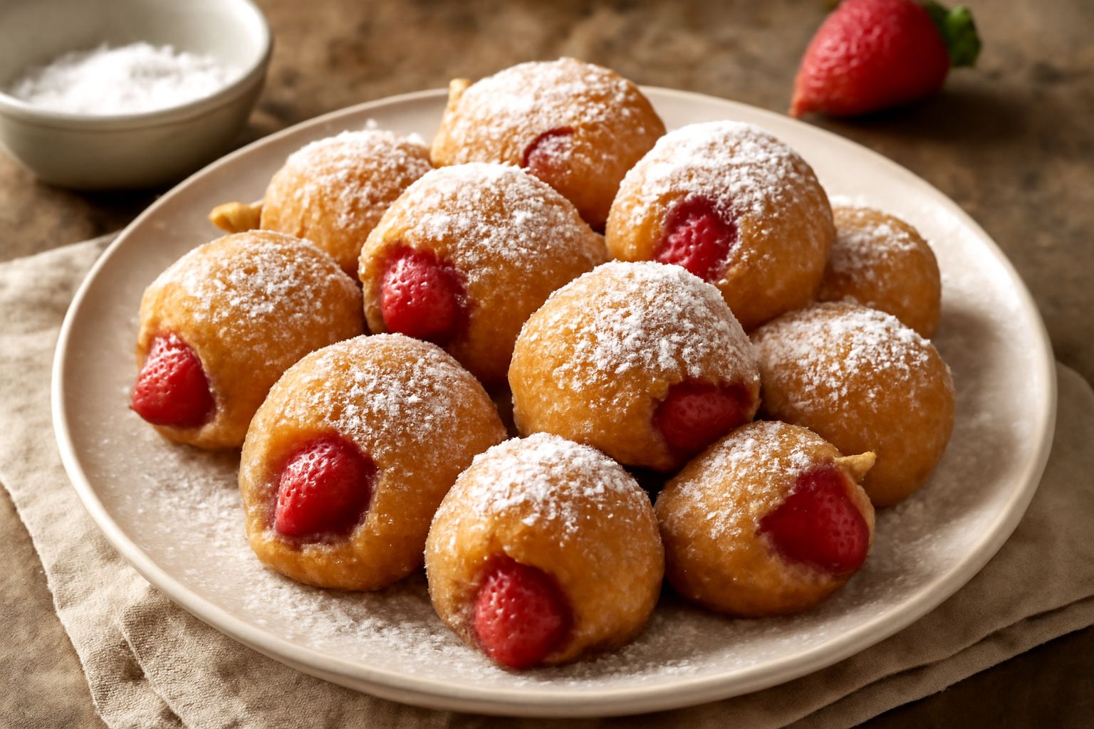 Fragole fritte intere dorate e croccanti su piatto bianco, con cristalli di zucchero e miele dorato versato sopra, contorno di foglie di menta verde