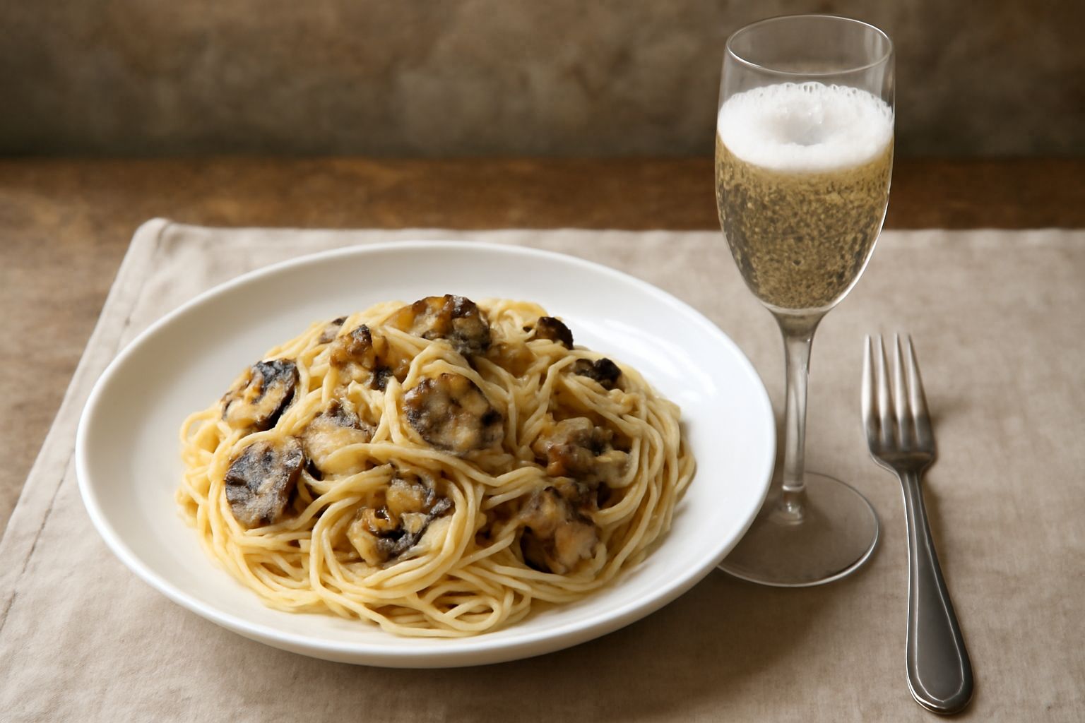 Flute di cristallo con Franciacorta Dosaggio Zero dal colore giallo paglierino, perlage fine e continuo, servito su tavolo bianco con frutta fresca e formaggi chiari sullo sfondo