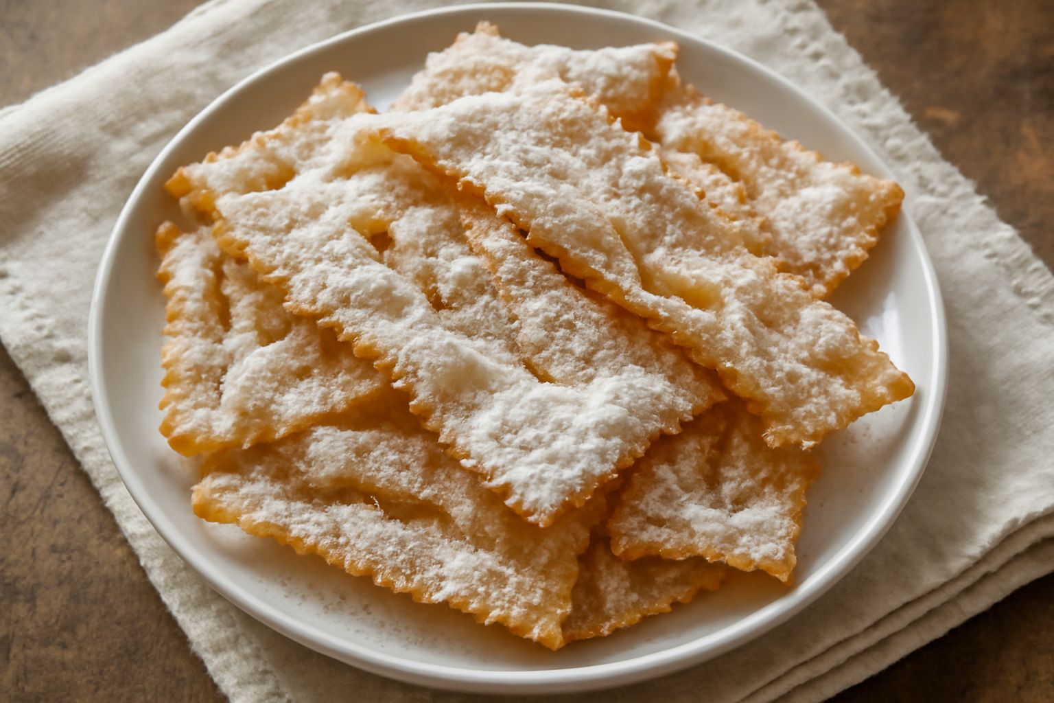 Frappe dorate e croccanti piegate a losanga, cosparse di zucchero a velo bianco, impilate nel piatto da dessert, con bordi leggermente ondulati e riflessi dorati