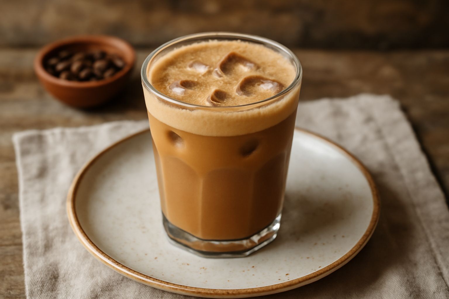 Bicchiere trasparente di frappè di caffè color marrone chiaro con schiuma in superficie, paglia colorata, cubetti di ghiaccio visibili, servito su tavolo bianco con caffettiera sullo sfondo