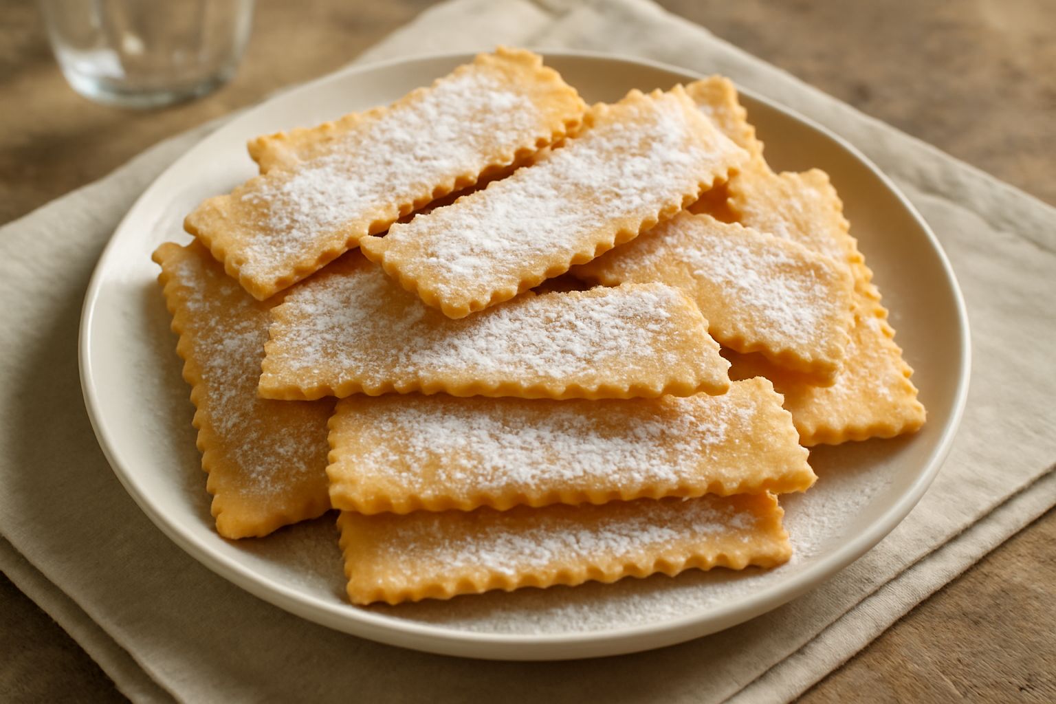 Frappe dolci dorate e croccanti impilate su un piatto bianco, ricoperte di zucchero a velo, con i bordi leggermente arricciati