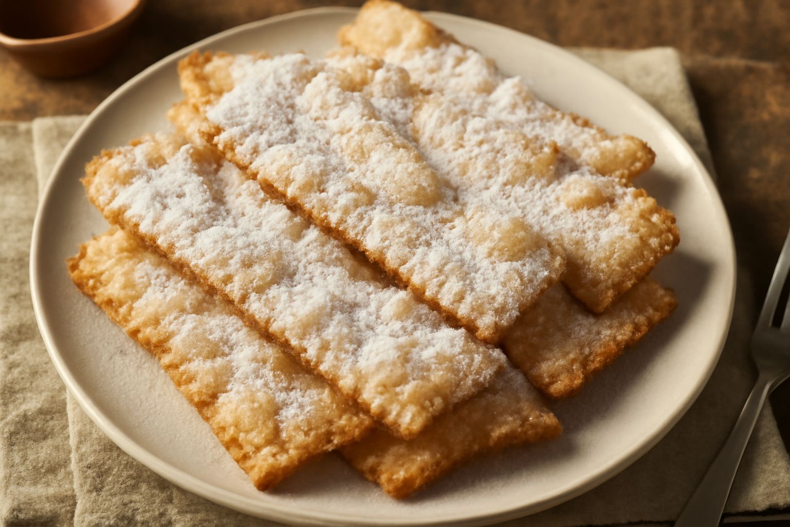 Frappe fritte dorate e croccanti sovrapposte su un piatto bianco, coperte di zucchero a velo, con bordi ondulati ben definiti