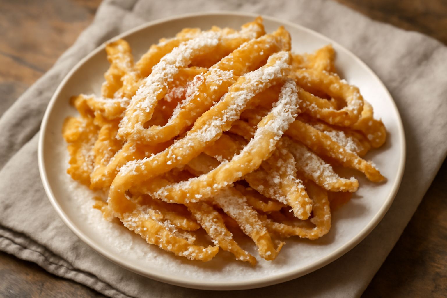 Frappe dorate e croccanti cosparse di zucchero bianco e granuli di miele, impilate su un piatto bianco, con riflessi dorati della fritura visibile sulla superficie