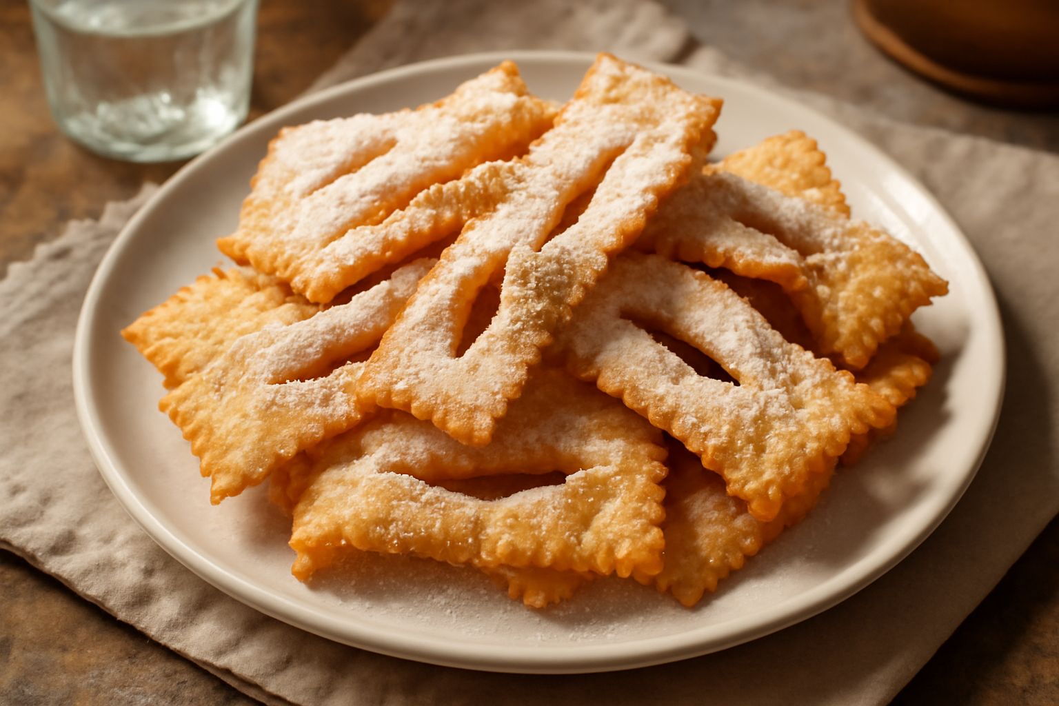Frappe marchigiane dorate e croccanti cosparse di zucchero bianco, impilate su un piatto bianco con sfondo sfocato