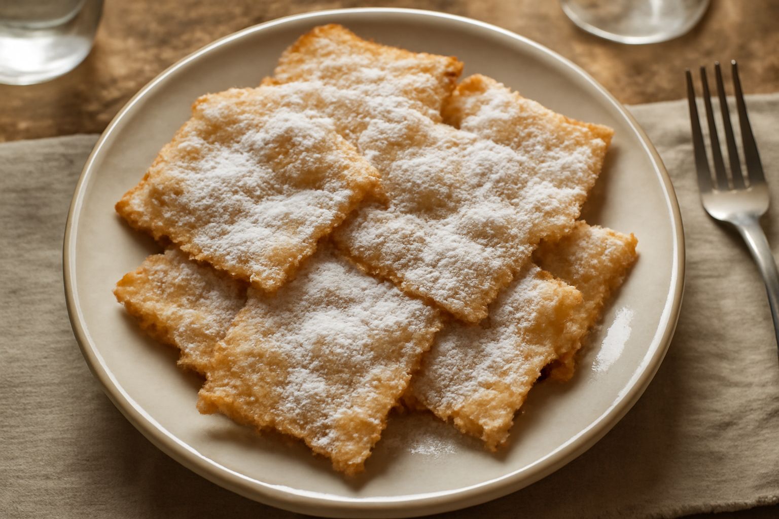 Frappe trentine dorate e croccanti impilate su un piatto bianco, coperte di zucchero a velo, con sfoglie sottili e bordi leggermente ondulati