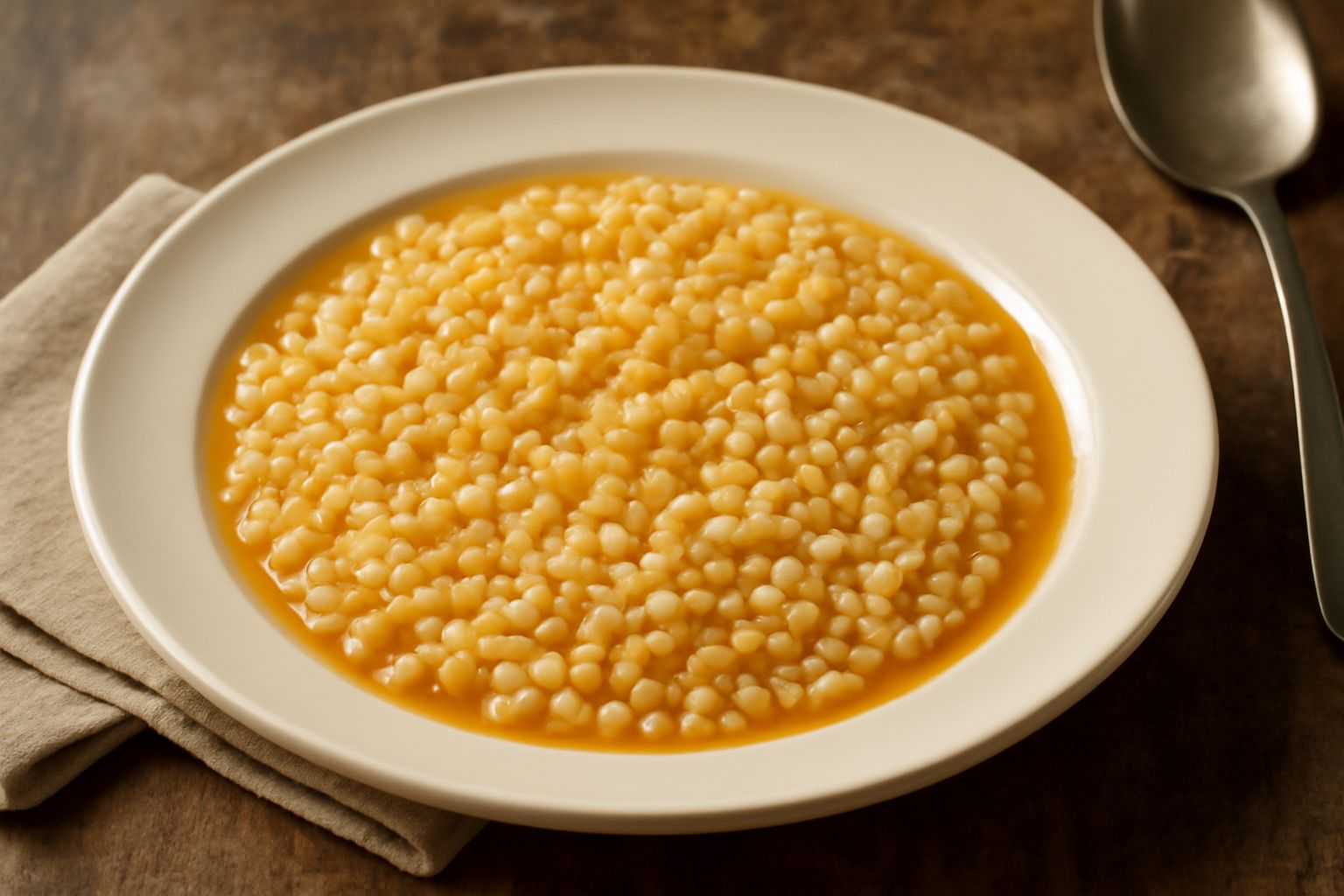 Ciotola bianca con frascarelli cremosi in brodo caldo, orzo perlato e verdure sfumate, guarniti con formaggio grattugiato e prezzemolo, cucchiaio di legno appoggiato sul bordo