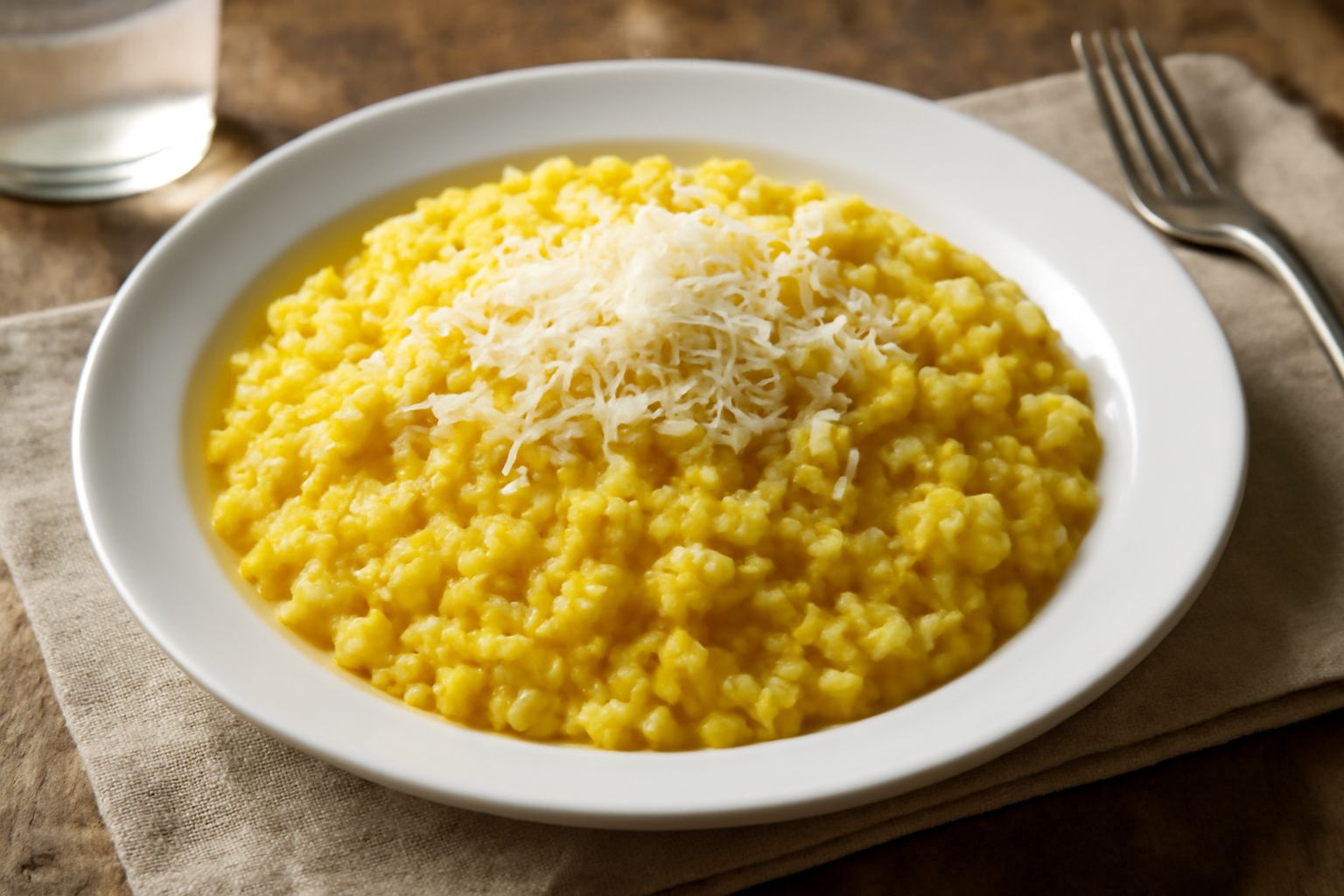 Una ciotola bianca di frascarelli marchigiani cremosi di colore giallo dorato, con una superficie irregolare, cosparsi di formaggio grattugiato e conditi con brodo vegetale fumante, piatto visto dall'