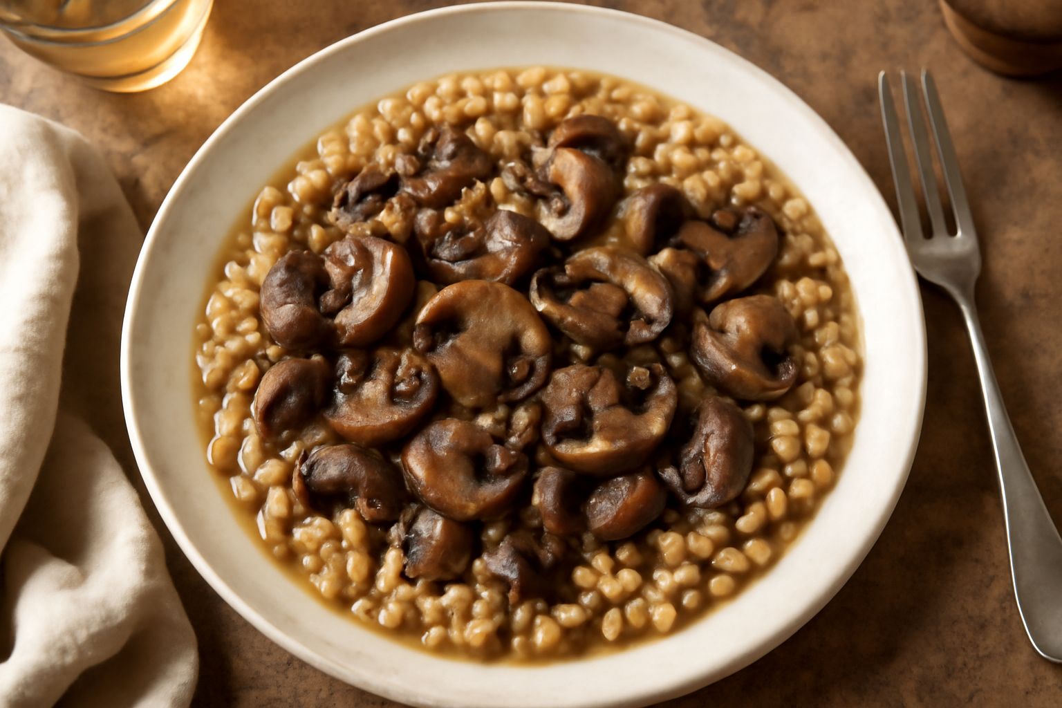 Piatto di frascatelli dorati con funghi trifolati, prezzemolo fresco verde e un filo di olio extravergine, serviti in una ciotola di ceramica bianca