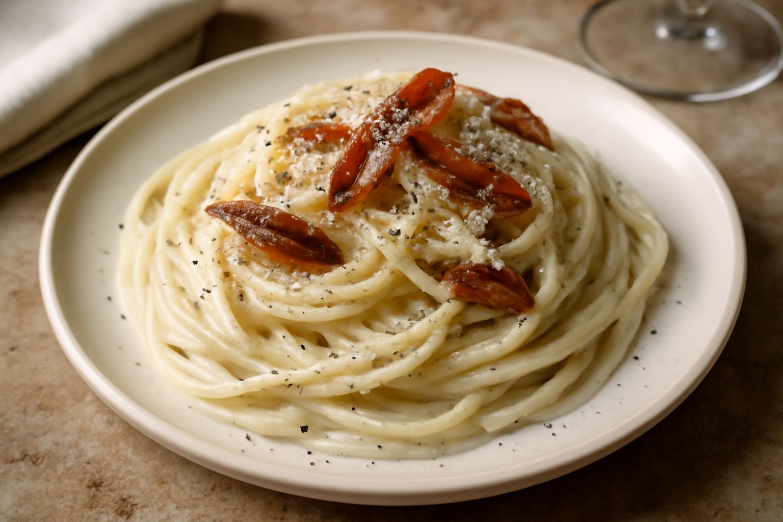 Un piatto fondo con pasta lunga ricoperta di salsa bianca translucida, gocce di olio dorato in superficie, grattugia di pecorino fresco e pepe nero visibile, su fondo in terracotta chiara