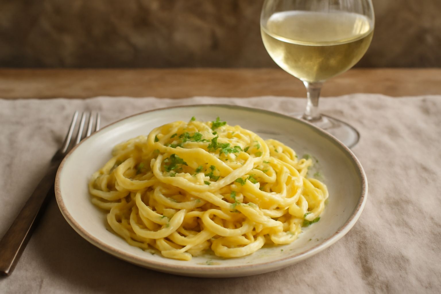 Calice di vino bianco trasparente e paglierino con riflessi verdognoli, servito su tavolo in legno chiaro accanto a pane toscano e formaggi freschi