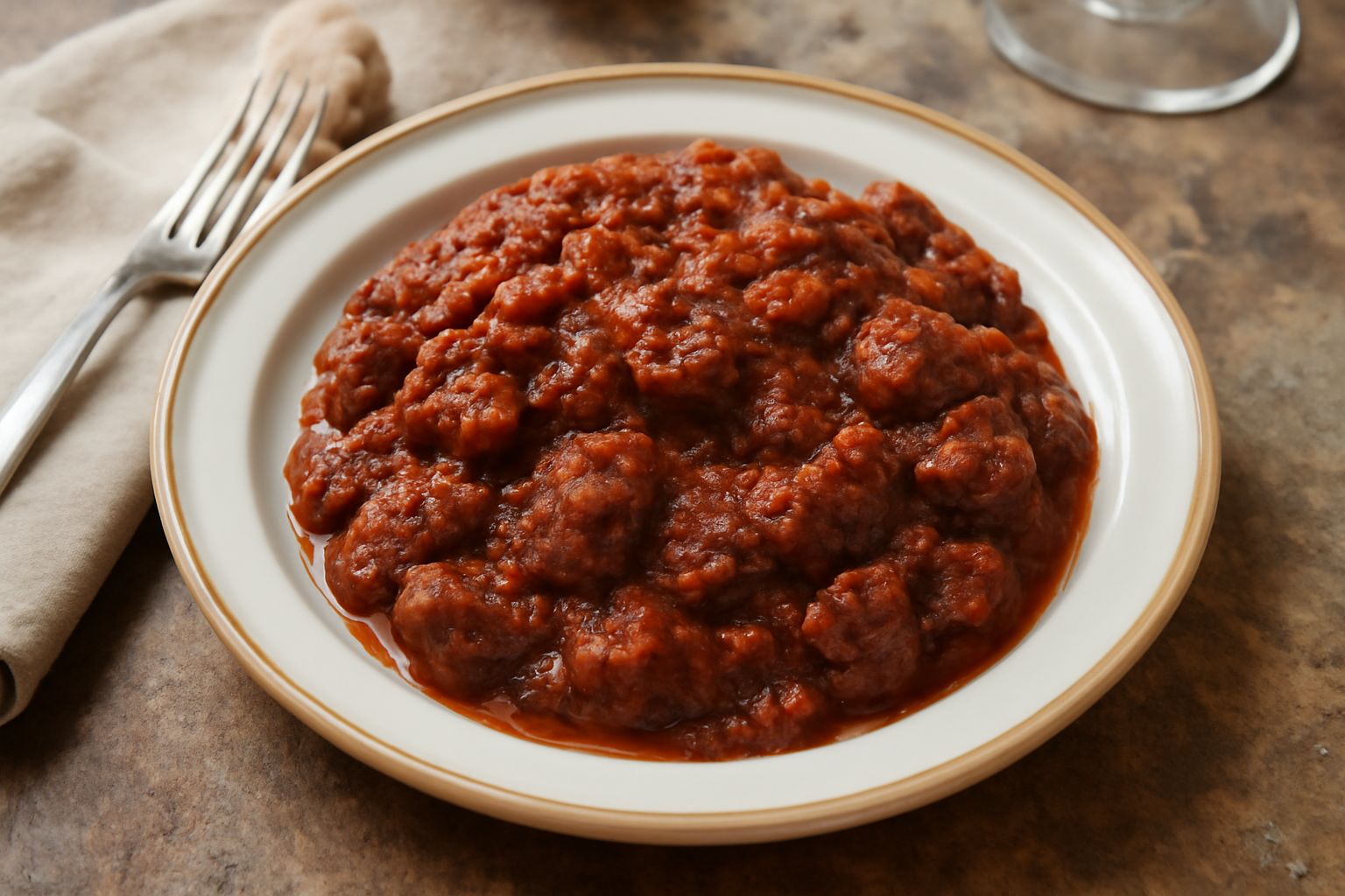 Piatto di ceramica con frattaglia in umido: pezzi di carne scura e tenera in salsa rossa di pomodoro, contorno di cipolla e carota, guarnito con prezzemolo fresco, vapore leggero che esce dal piatto