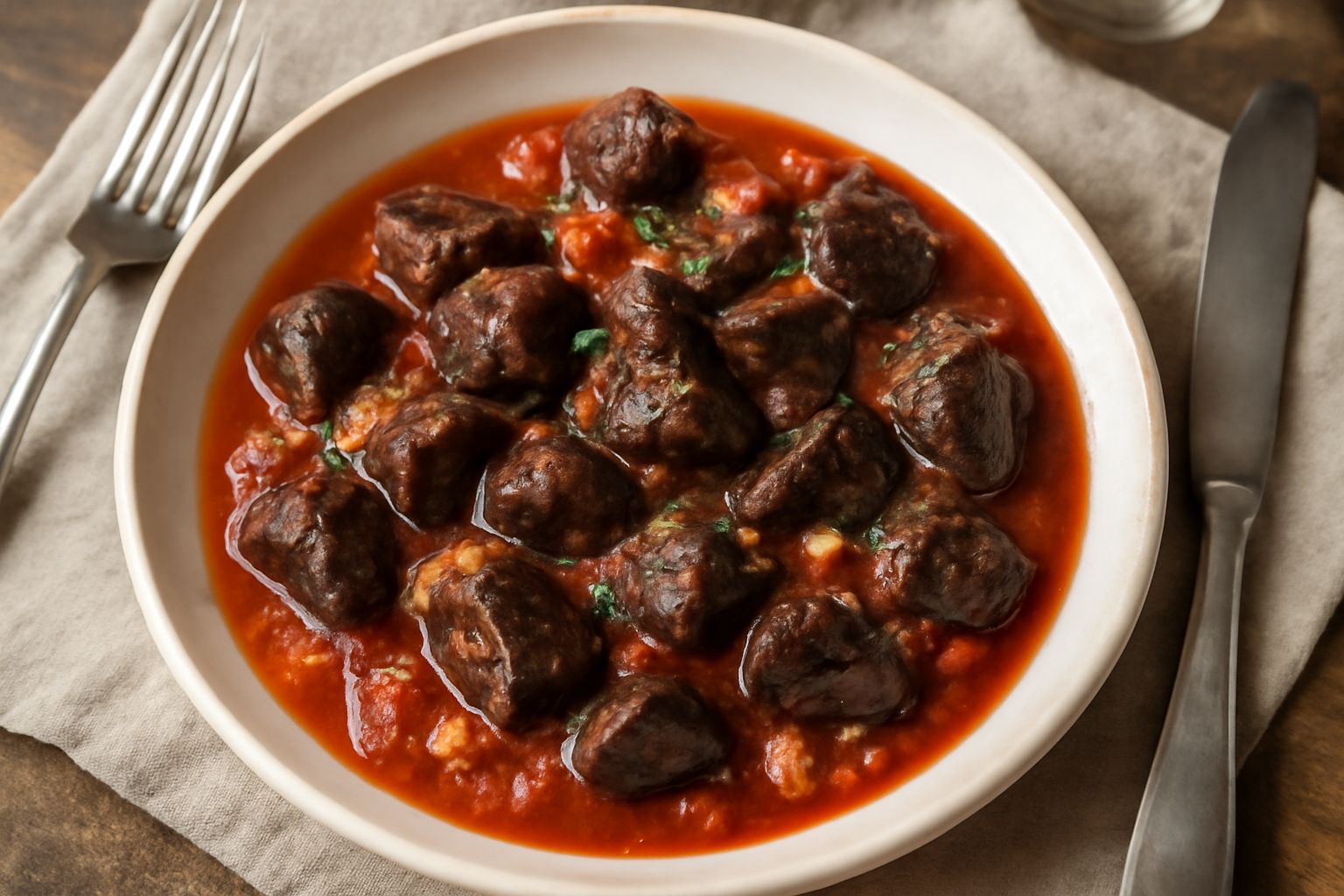 Frattaglie alla folignate in umido in un piatto di ceramica bianca, pezzi marroni di fegato e polmone in salsa rossa con pomodori, accompagnate da prezzemolo fresco e pane tostato a lato