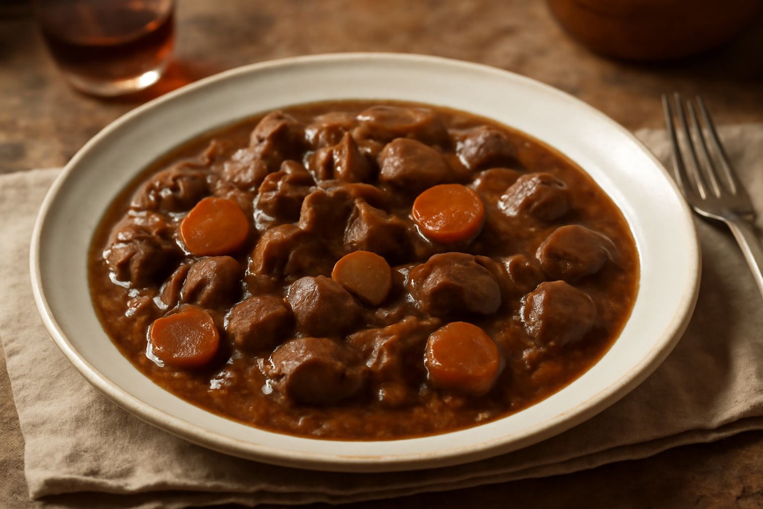 Piatto bianco con frattaglie in umido: pezzi color marrone scuro e rosso avvolti in salsa densa, accompagnati da carote arancioni tagliate a rondelle, sedano color crema e cipolla trasparente. Salsa l